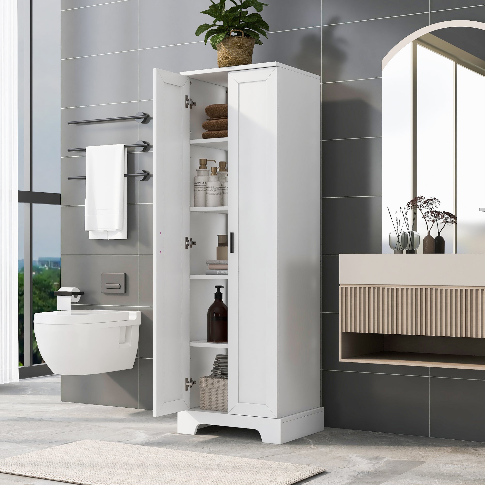 Storage Cabinet With Two Doors For Bathroom, Office, Adjustable Shelf, Mdf Board, White Old Sku:Wf302824Aak White Mdf