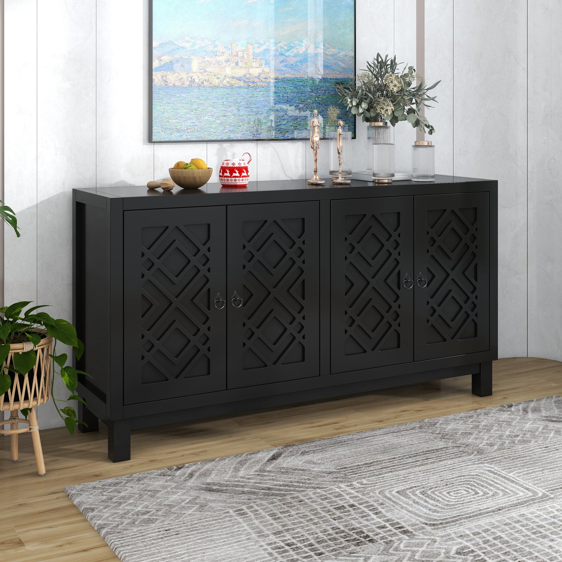 Large Storage Space Sideboard, 4 Door Buffet Cabinet With Pull Ring Handles For Living Room, Dining Room Black Black Mdf