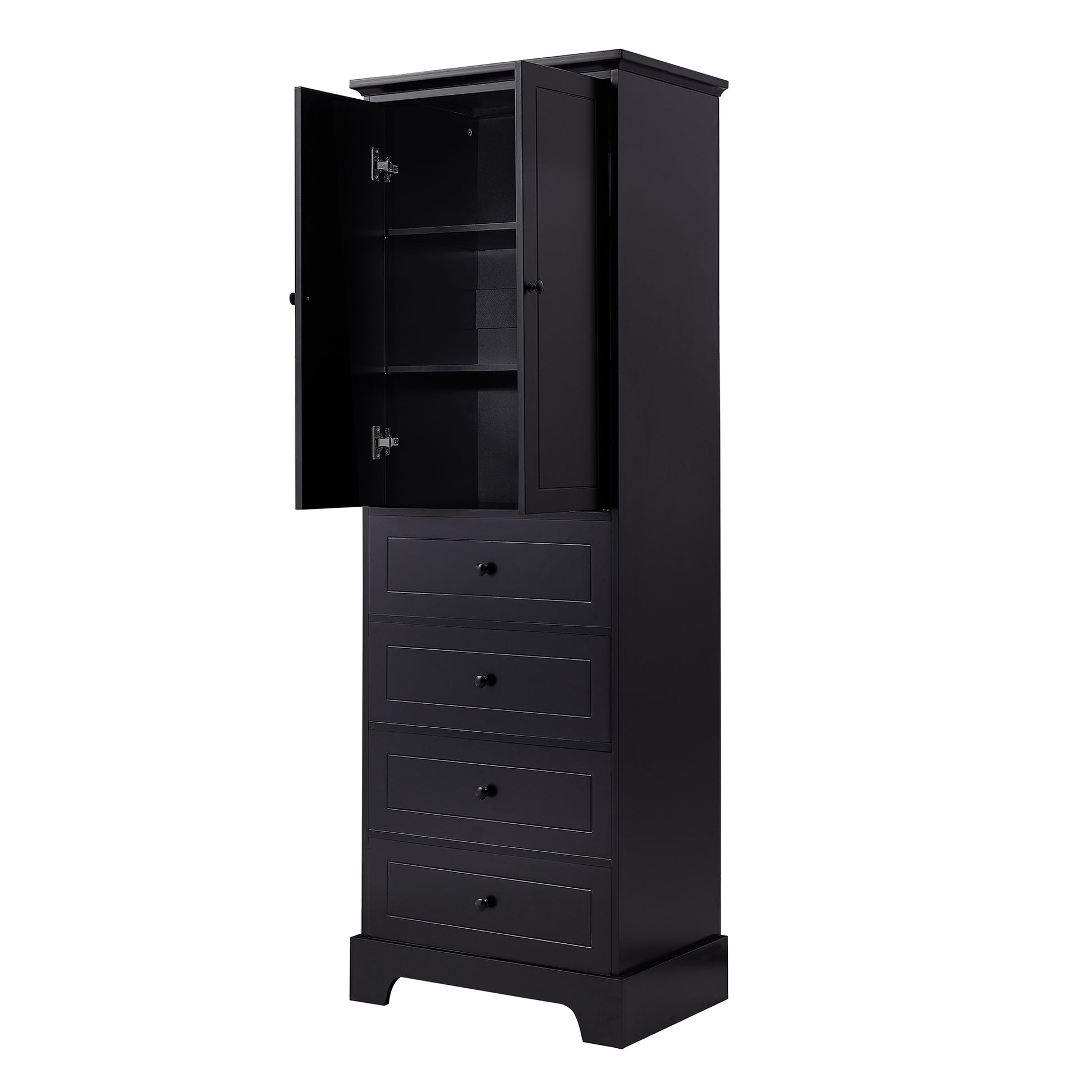 Storage Cabinet With 2 Doors And 4 Drawers For Bathroom, Office, Adjustable Shelf, Mdf Board With Painted Finish, Black Black Mdf