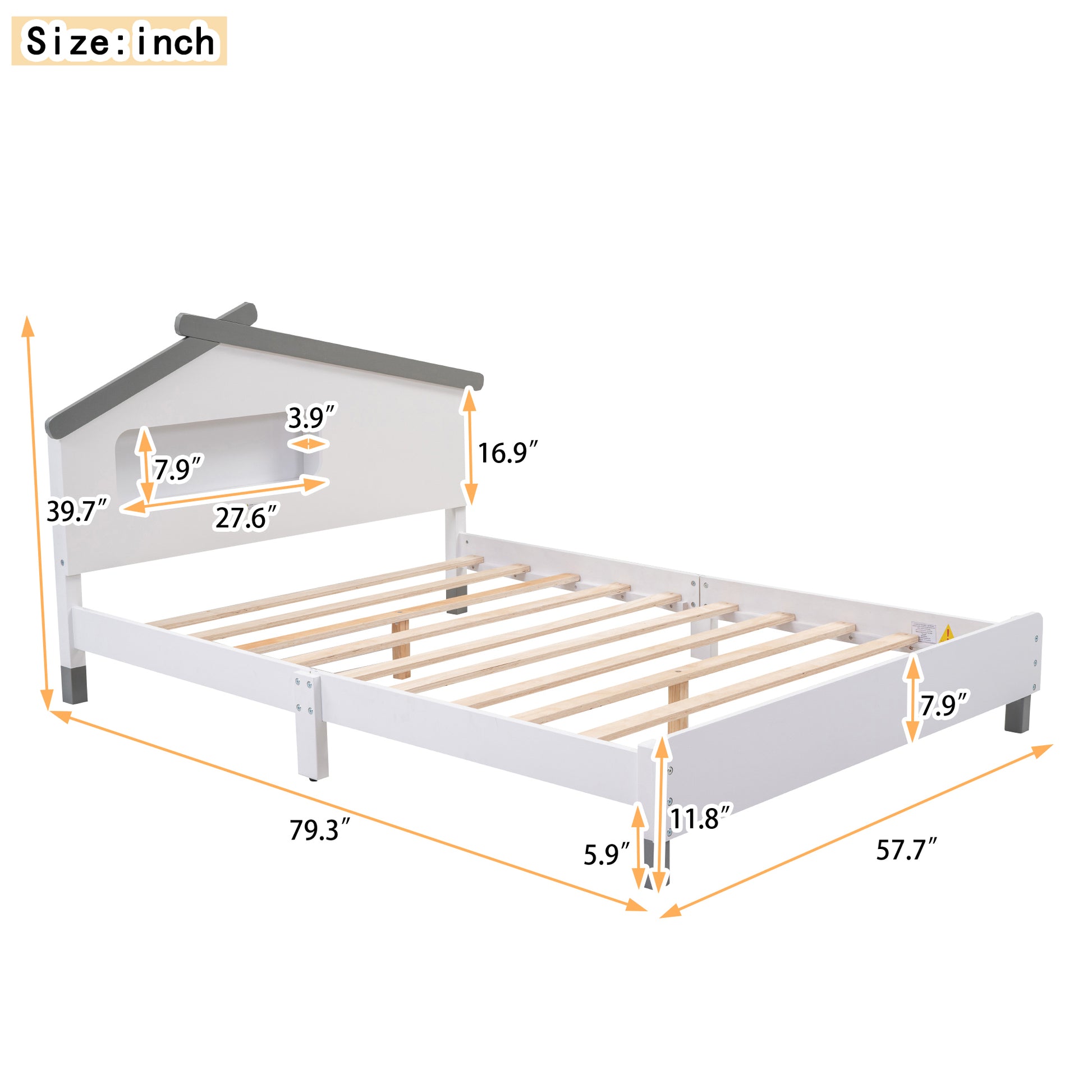 Full Size Wood Platform Bed With House Shaped Headboard And Motion Activated Night Lights White Gray White Wood