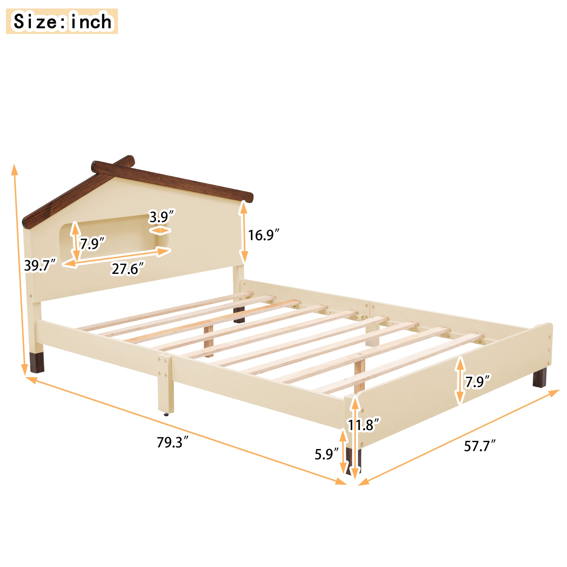 Full Size Wood Platform Bed With House Shaped Headboard And Motion Activated Night Lights Cream Walnut Cream Wood