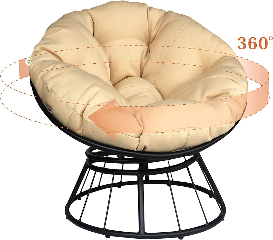 Papasan Wicker Rattan Chair Indoor, 360 Degree Swivel Saucer Chair With Fluffy Cushion,Deep Seating Accent Moon Chair With Solid Twill Fabric,Ideal For Living Black Khaki Primary Living Space Boho Aluminium Aluminium