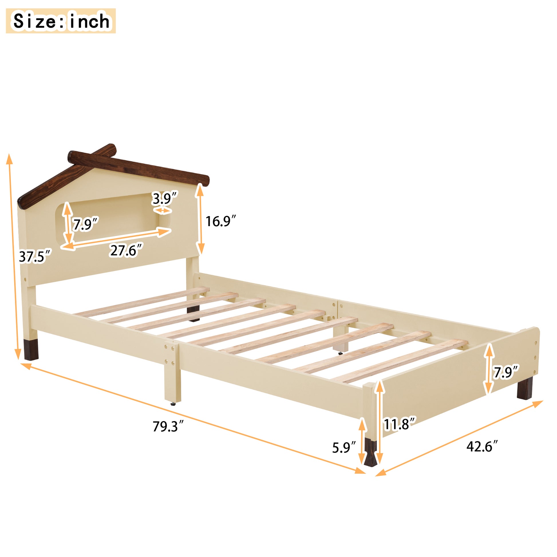 Twin Size Wood Platform Bed With House Shaped Headboard And Motion Activated Night Lights Cream Walnut Cream Wood