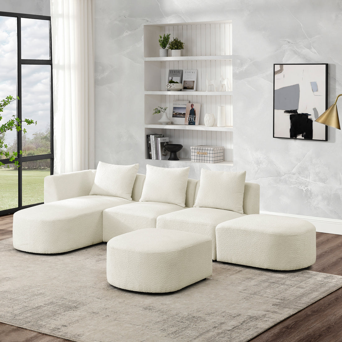 L Shape Sectional Sofa With Left Side Chaise And Ottoman, Modular Sofa, Diy Combination, Loop Yarn Fabric, Beige Beige Polyester Wood Medium Soft Tight Back Eucalyptus Square Arms Polyester 5 Seat