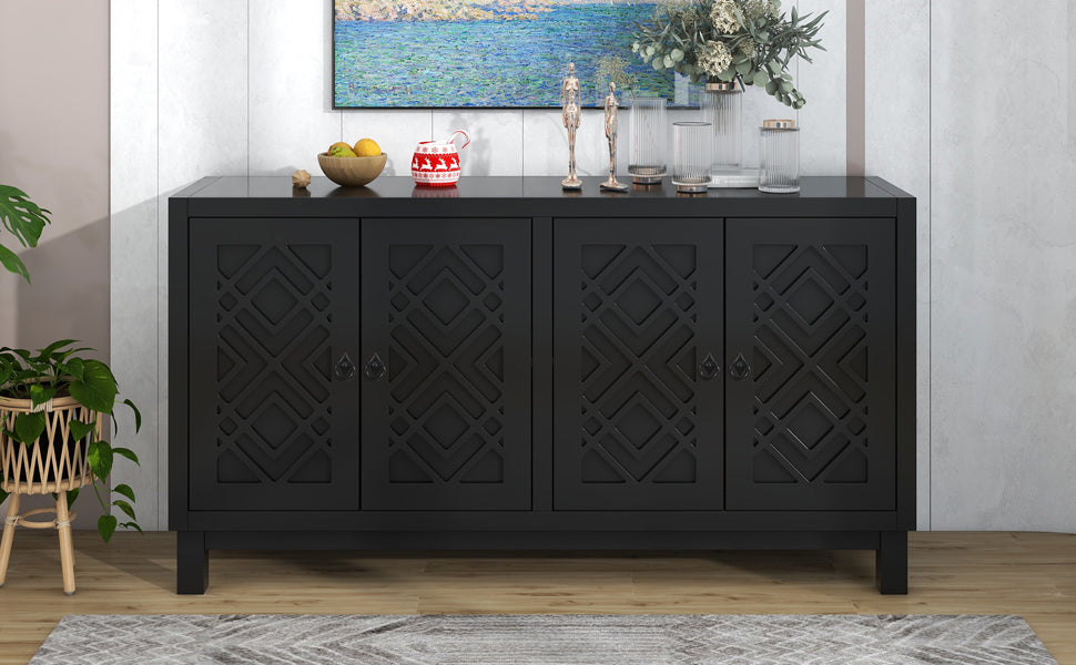 Large Storage Space Sideboard, 4 Door Buffet Cabinet With Pull Ring Handles For Living Room, Dining Room Black Black Mdf