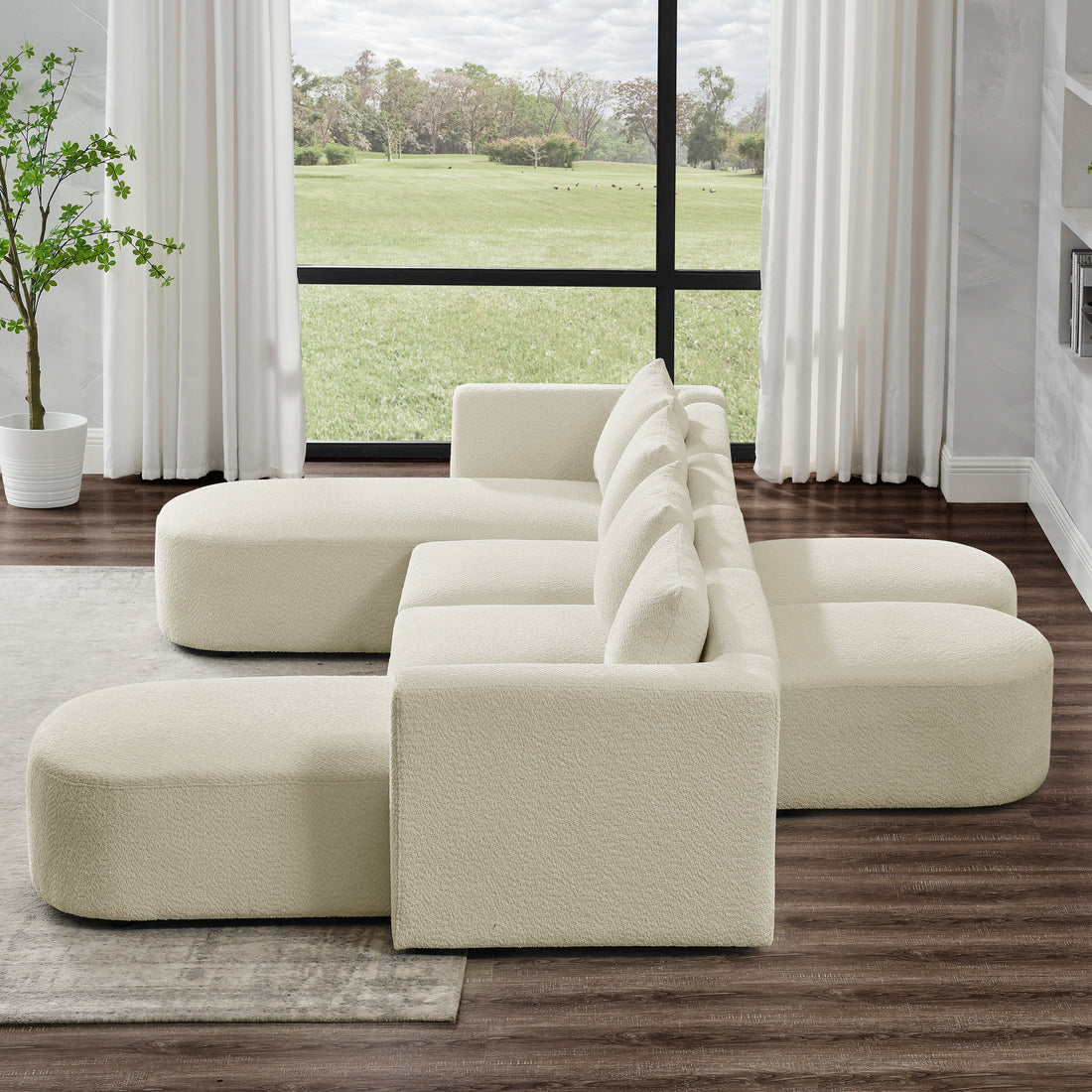 U Shape Sectional Sofa Including Two Single Seat, Two Chaises And Two Ottomans, Modular Sofa, Diy Combination, Loop Yarn Fabric, Beige Beige Polyester Wood Medium Soft Tight Back Eucalyptus Square Arms Polyester 6 Seat