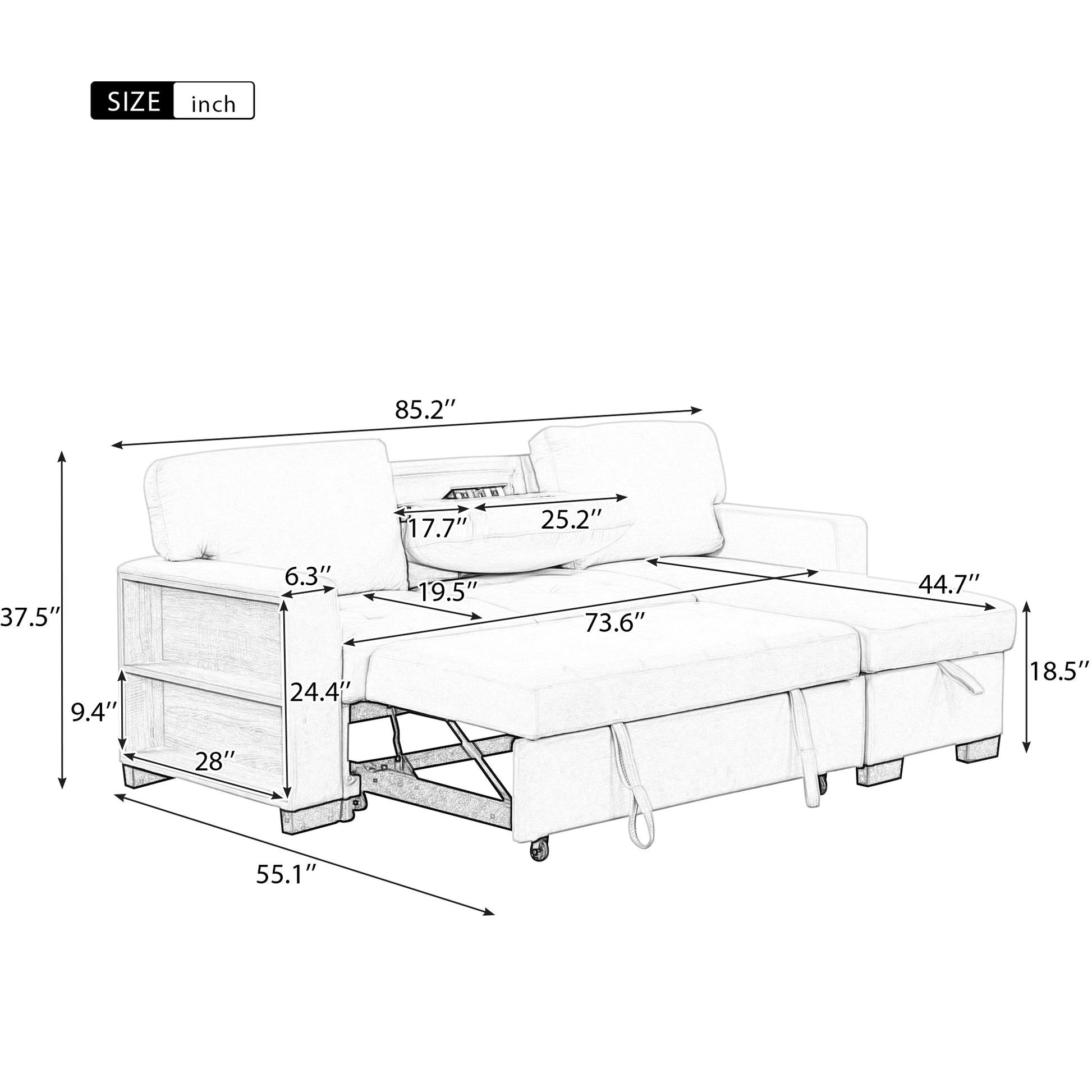 Stylish And Functional Light Chaise Lounge Sectional With Storage Rack Pull Out Bed Drop Down Table And Usb Charger Gray Gray Foam Spring