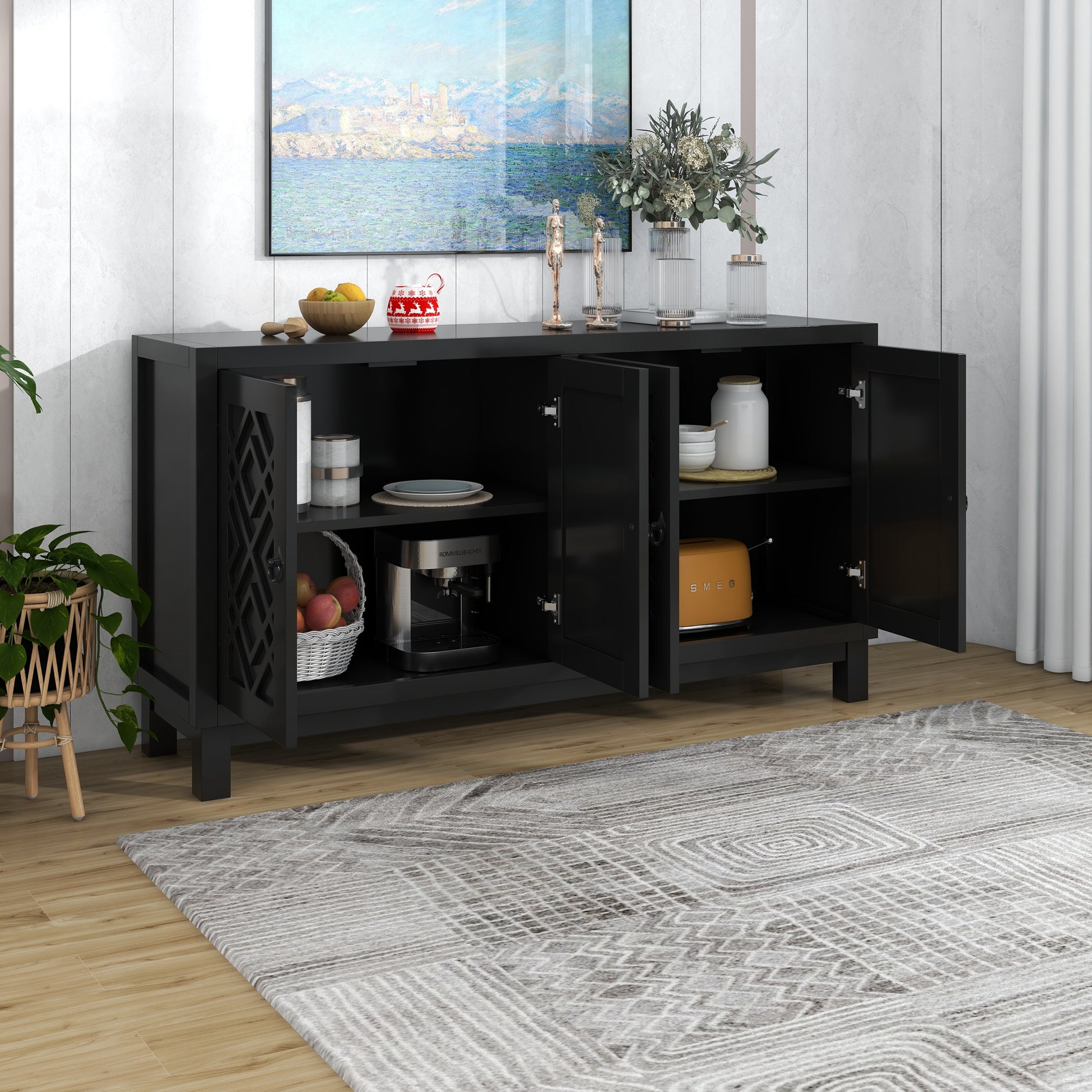 Large Storage Space Sideboard, 4 Door Buffet Cabinet With Pull Ring Handles For Living Room, Dining Room Black Black Mdf