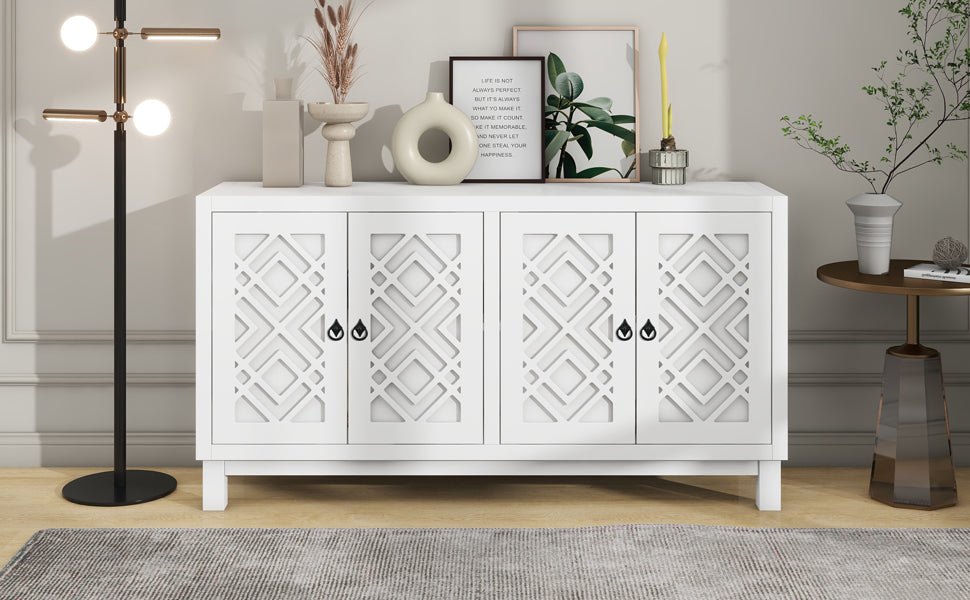 Large Storage Space Sideboard, 4 Door Buffet Cabinet With Pull Ring Handles For Living Room, Dining Room White White Mdf