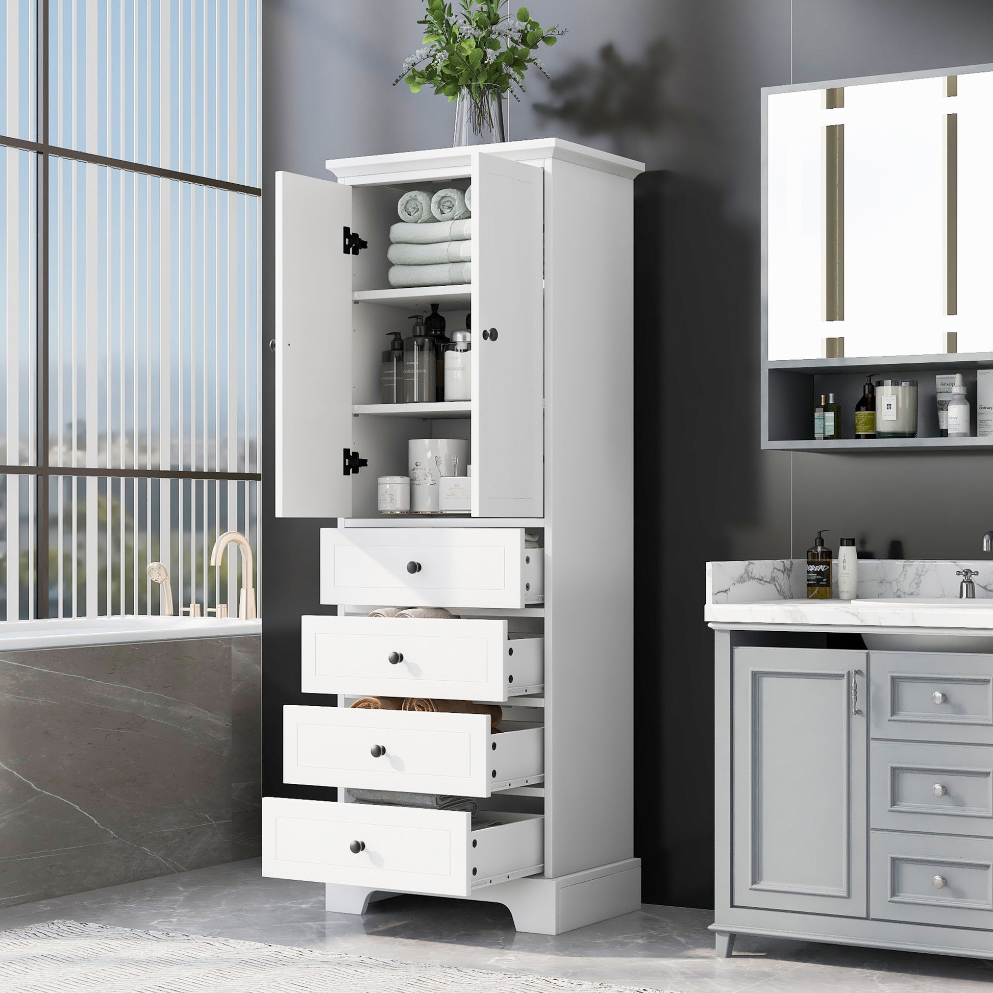 Storage Cabinet With 2 Doors And 4 Drawers For Bathroom, Office, Adjustable Shelf, Mdf Board With Painted Finish, White White Mdf