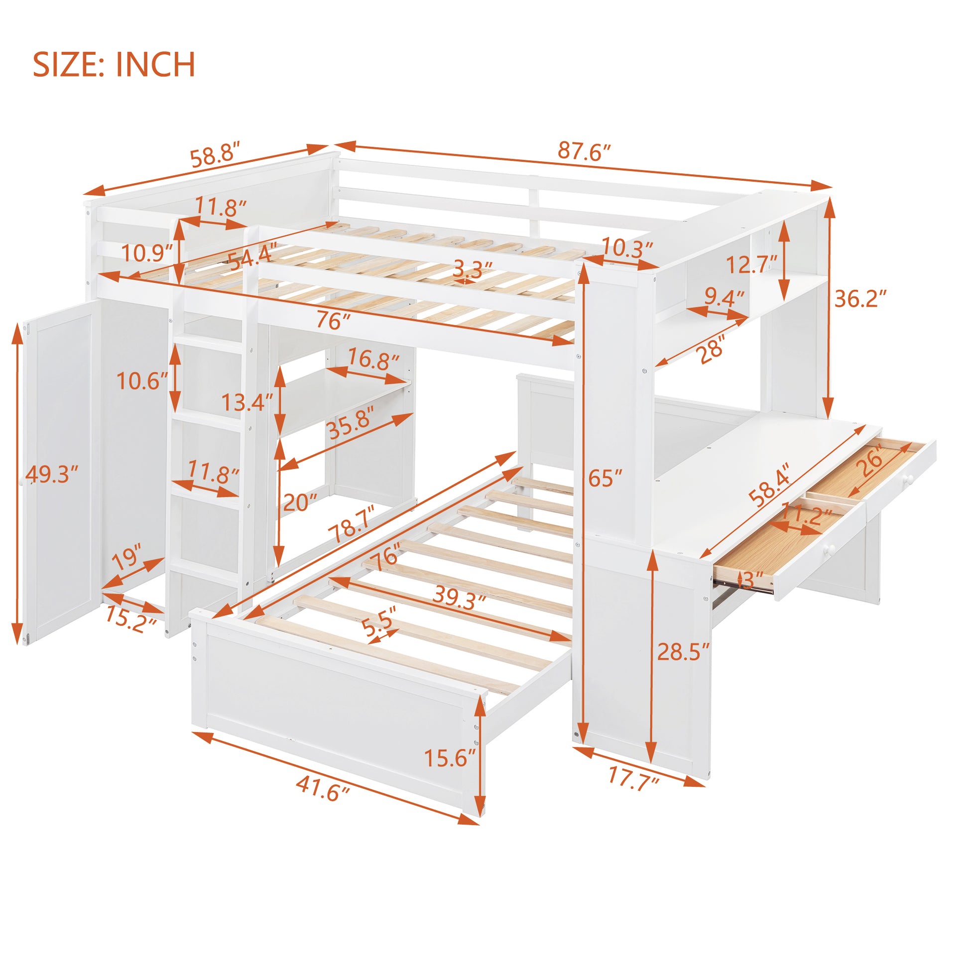 Full Size Loft Bed With A Twin Size Stand Alone Bed, Shelves,Desk,And Wardrobe White White Solid Wood