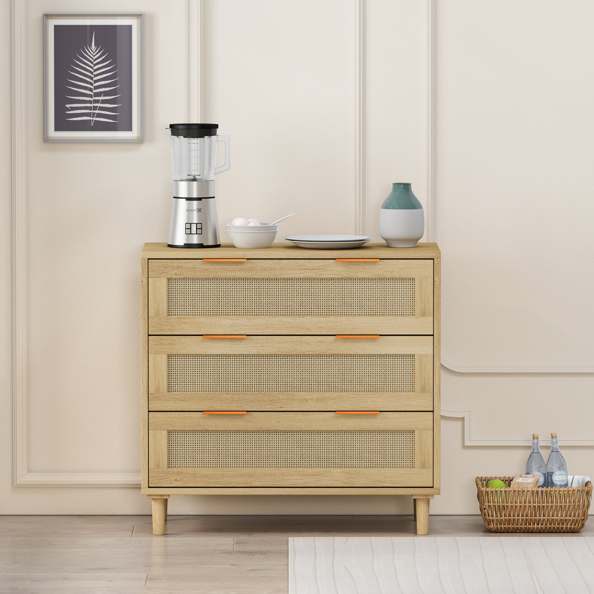 31.50"3 Drawers Rattan Storage Cabinet Rattan Drawer,For Bedroom,Living Room,Dining Room,Hallways,Oak Oak Mdf