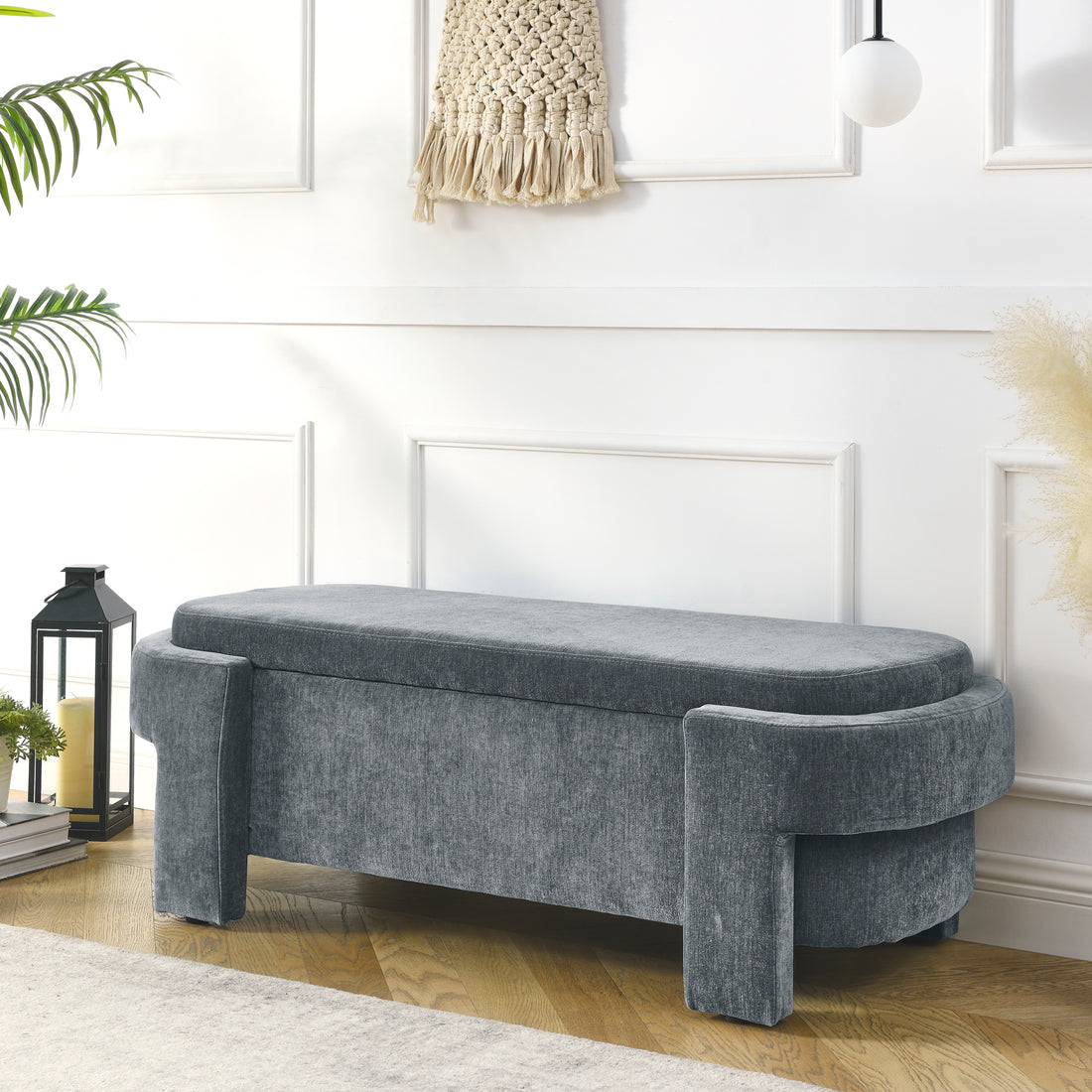 Chenille Upholstered Bench With Large Storage Space For The Living Room, Entryway And Bedroom,Grey, 51.5''X20.5''X17'' Grey Foam