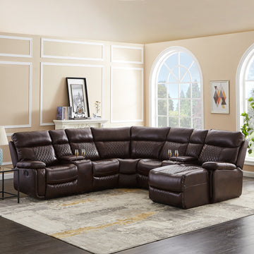 Sectional Motion Sofa Brwon Same As W223S00509 Size Difference, See Details In Page. Brown Pu 5 Seat