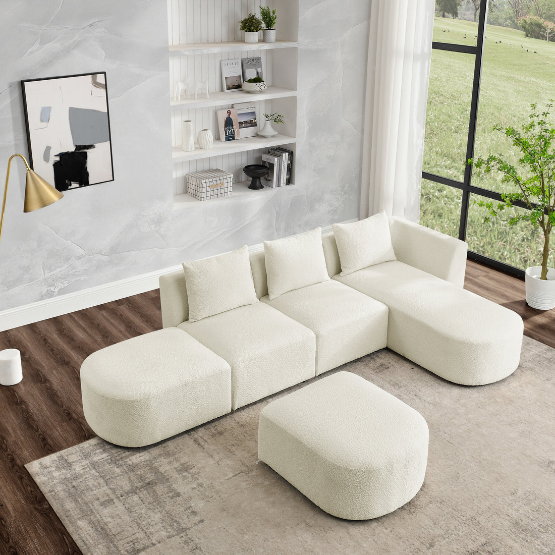 L Shape Sectional Sofa With Right Side Chaise And Ottoman, Modular Sofa, Diy Combination, Loop Yarn Fabric, Beige Beige Polyester Wood Tight Back Eucalyptus Square Arms Polyester 5 Seat