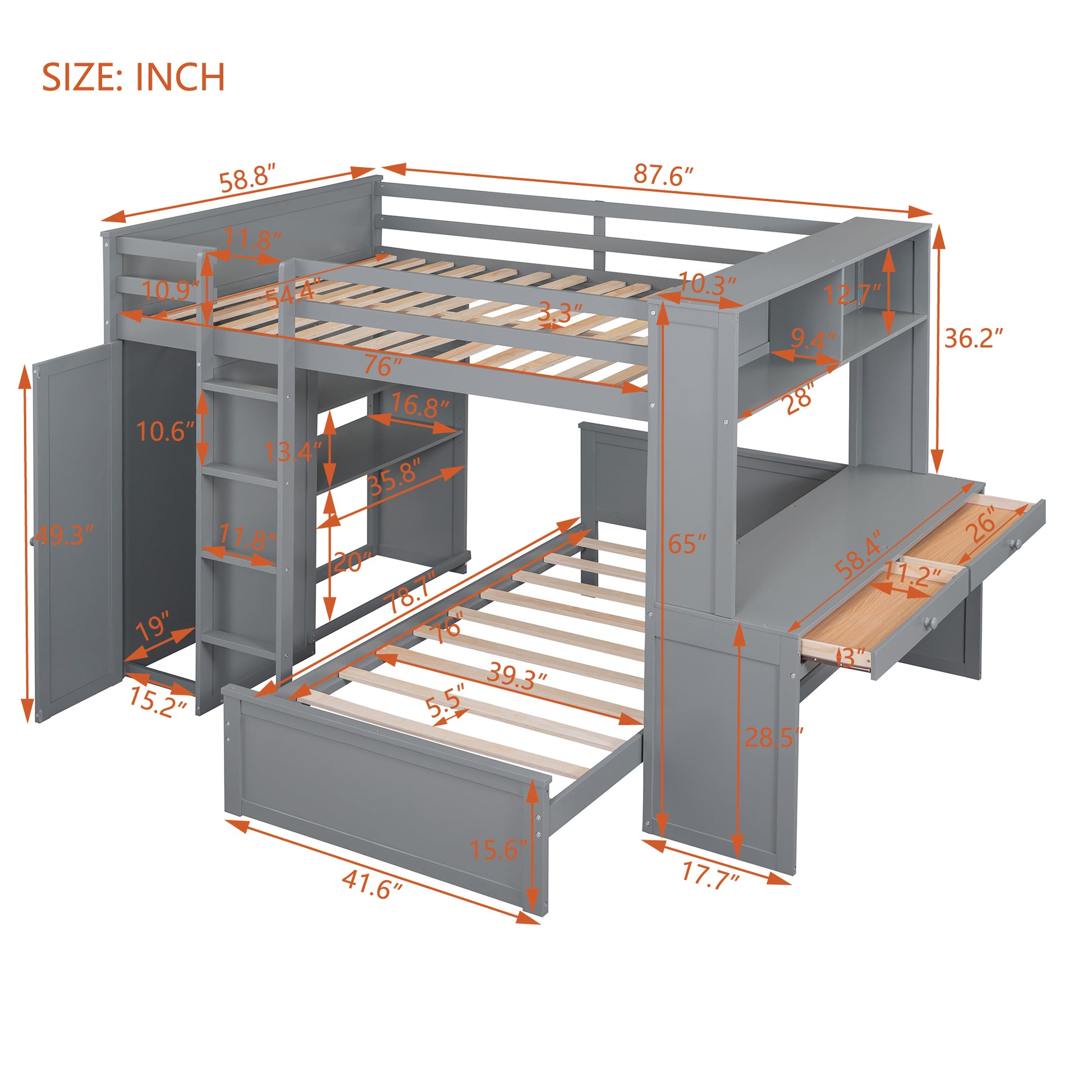 Full Size Loft Bed With A Twin Size Stand Alone Bed, Shelves,Desk,And Wardrobe Gray Gray Solid Wood