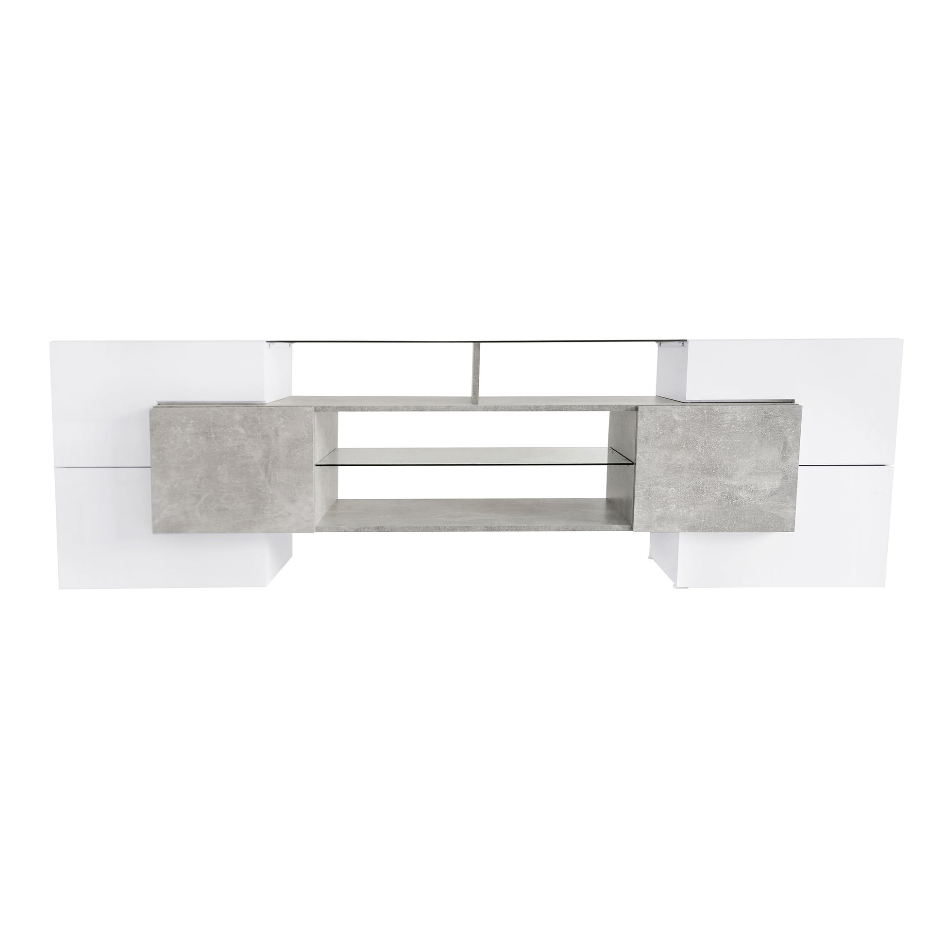 Unique Shape Tv Stand With 2 Illuminated Glass Shelves, High Gloss Entertainment Center For Tvs Up To 88", Versatile Tv Cabinet With Led Color Changing Lights For Living Room, Grey Grey Particle Board