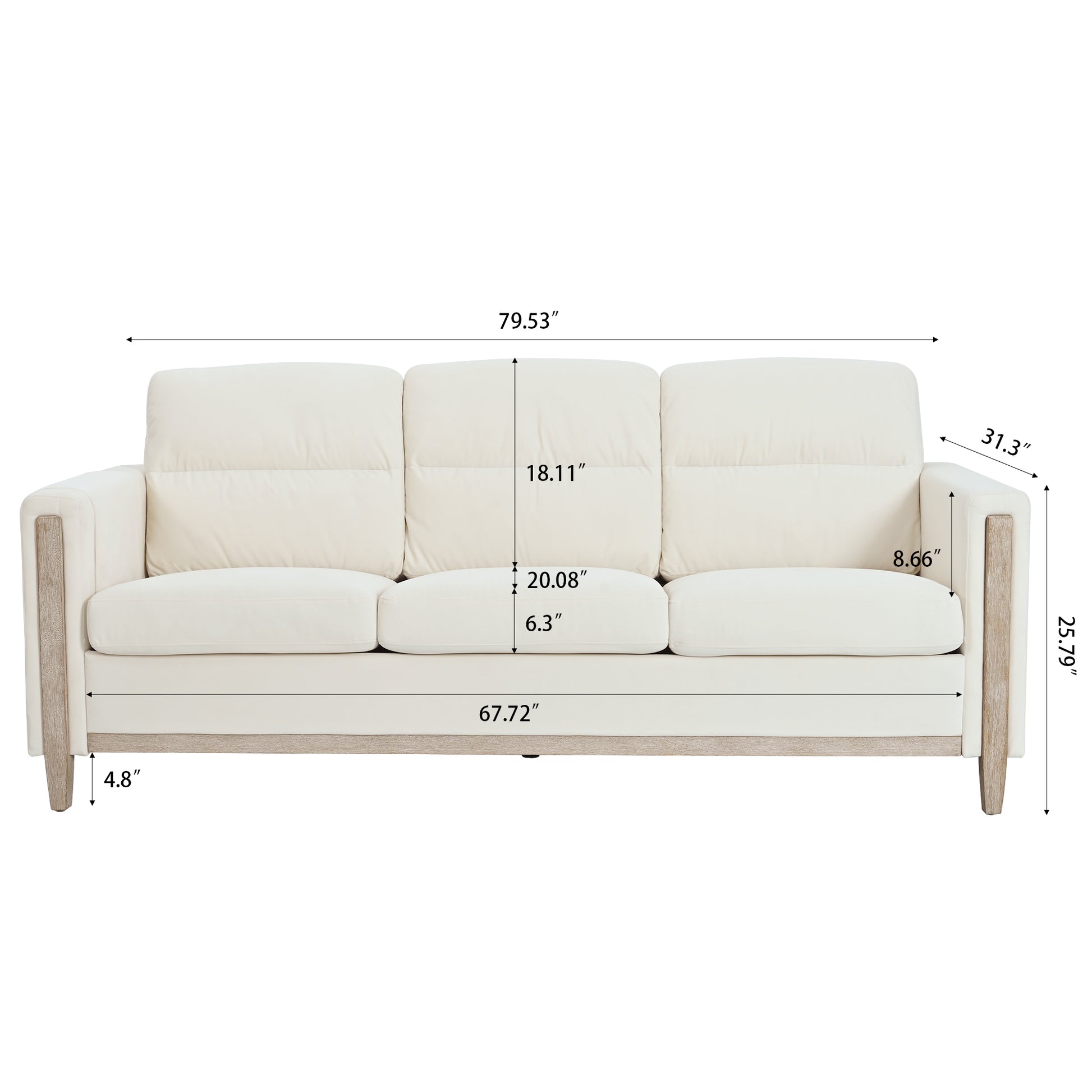 Comfortable Solid Wood Three Seater Sofa Soft Cushions, Durable And Long Lasting,79.5" Sofa Couch For Living Room Beige Fabric Fabric