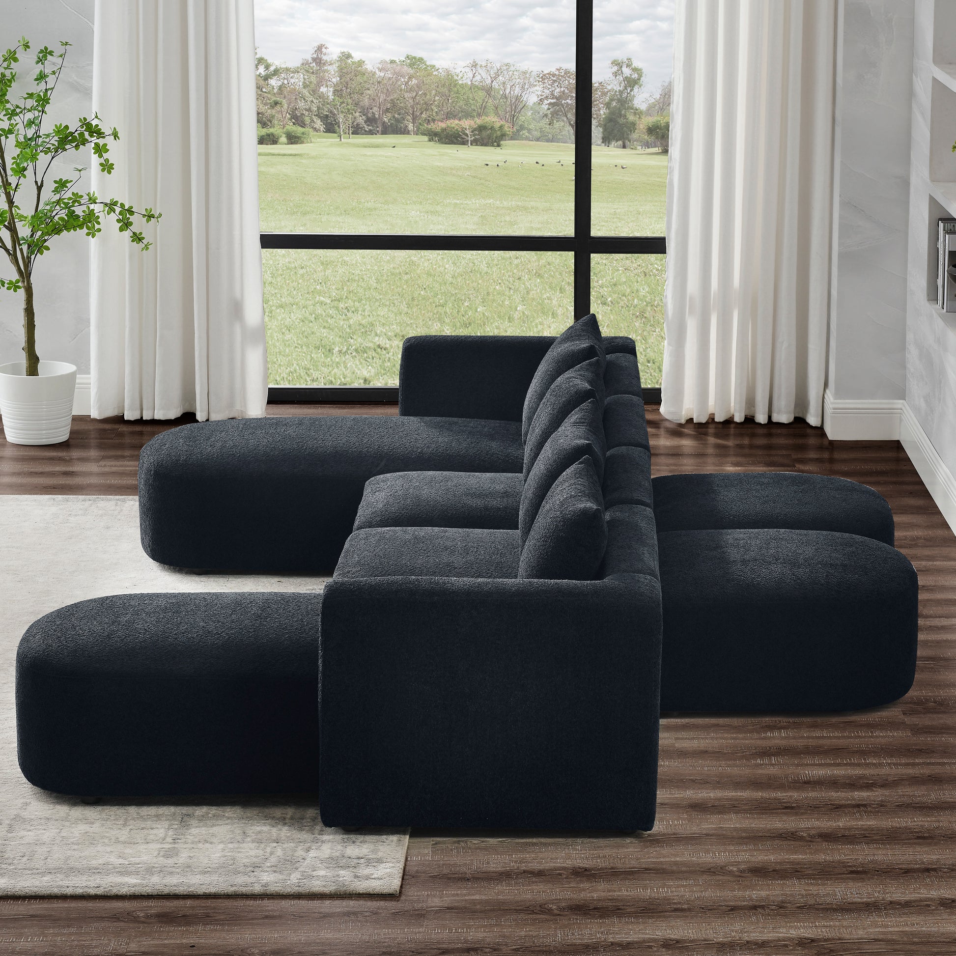 U Shape Sectional Sofa Including Two Single Seat, Two Chaises And Two Ottomans, Modular Sofa, Diy Combination, Loop Yarn Fabric, Black Black Polyester Wood Medium Soft Tight Back Eucalyptus Square Arms Polyester 6 Seat