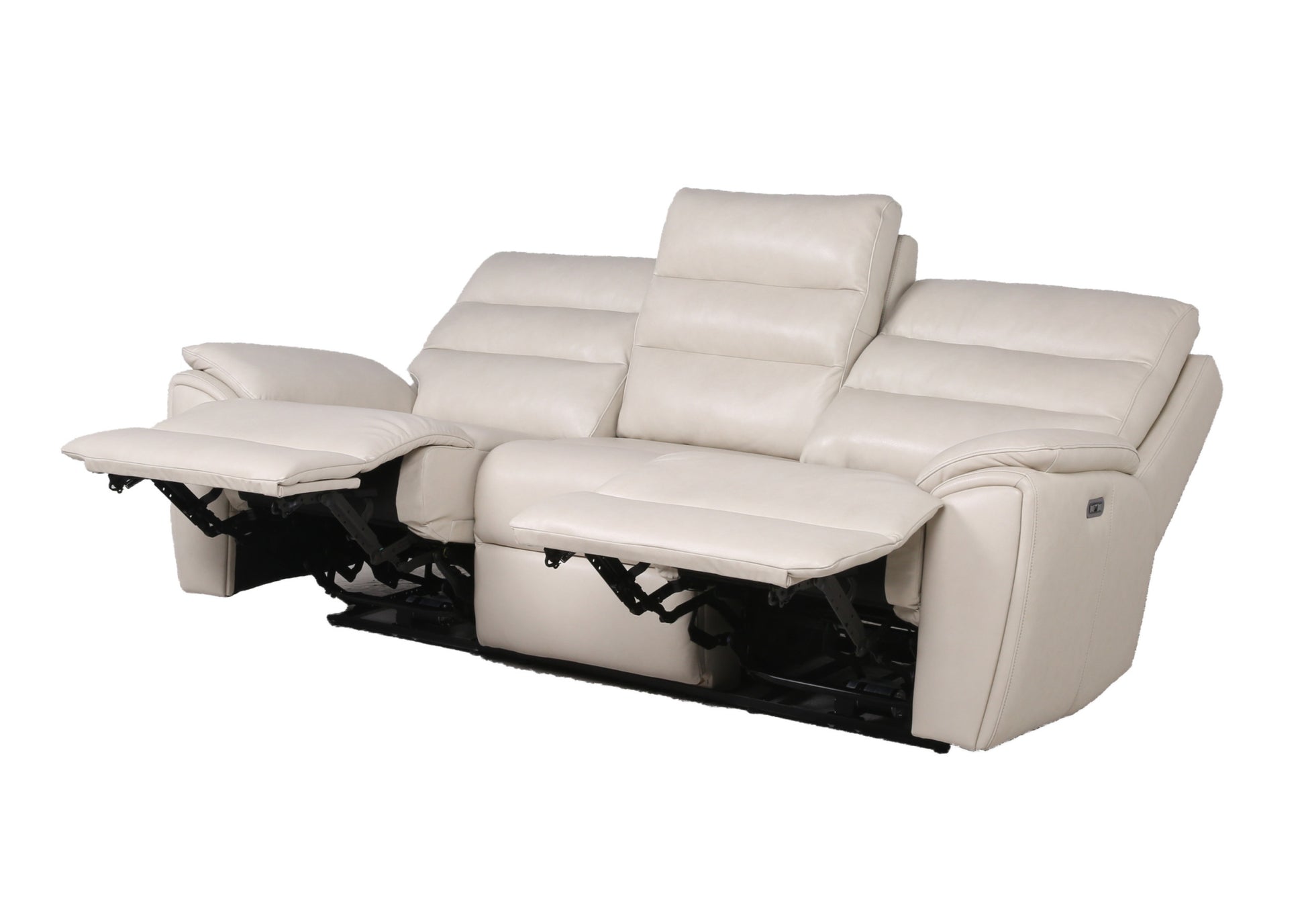 Modern Dual Power Reclining Sofa Power Footrest, Articulating Power Headrest Top Grain Leather, Horizontal Channeled Back, Usb Ports Ivory Foam Leather