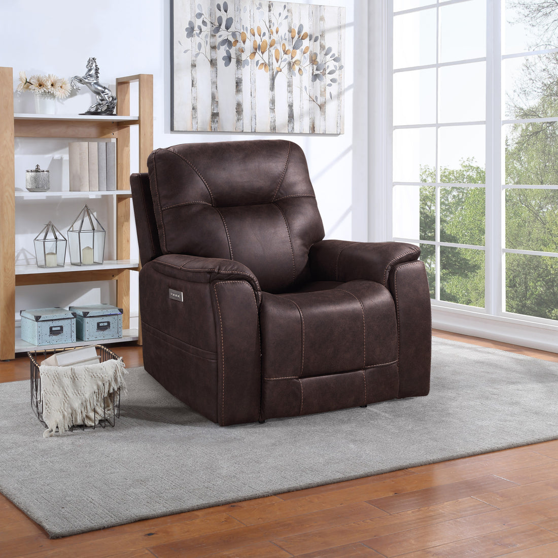 Triple Power Recliner Power Headrest, Power Footrest, Power Lumbar Lighted Cupholders Transitional Design, Brown Brown Foam Fabric