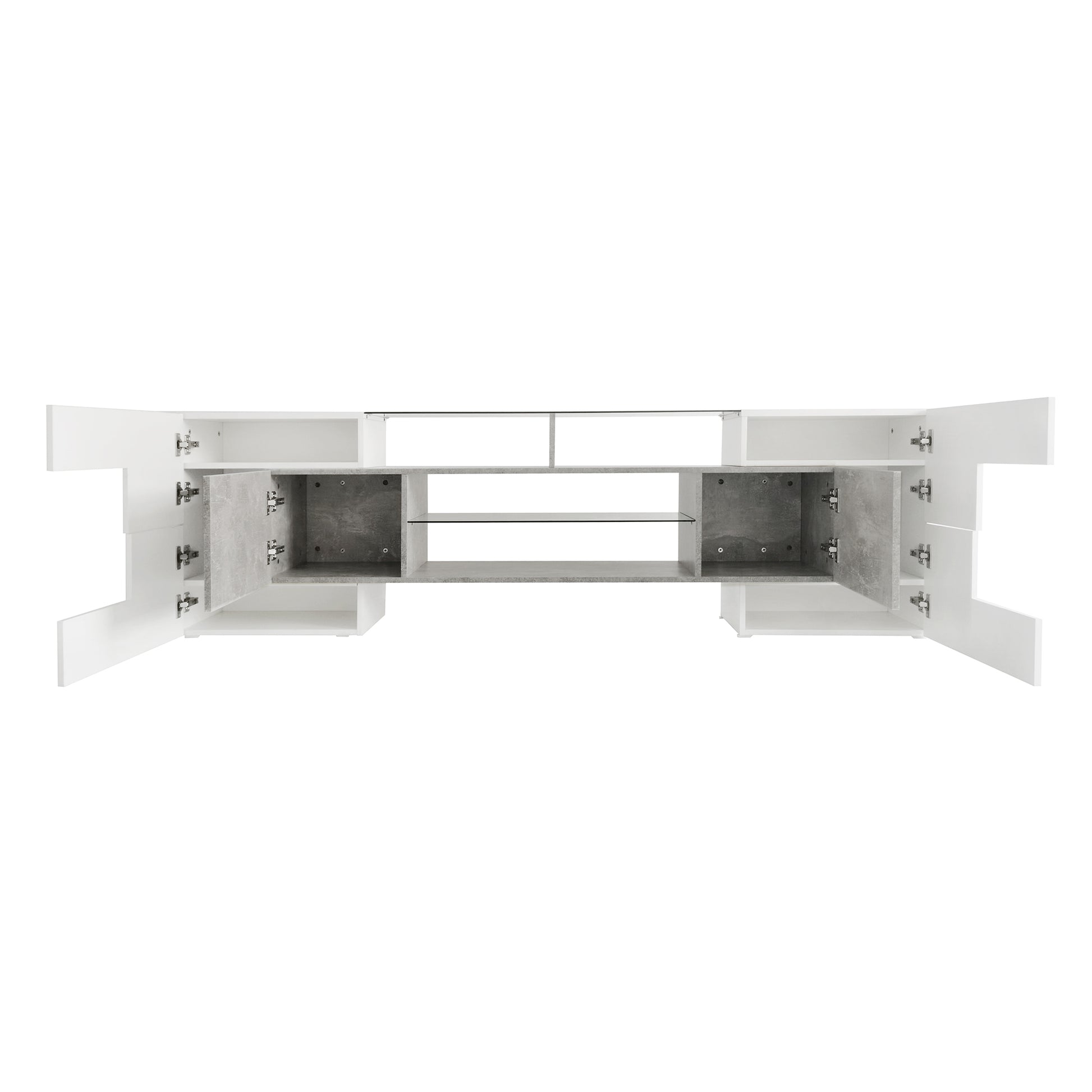 Unique Shape Tv Stand With 2 Illuminated Glass Shelves, High Gloss Entertainment Center For Tvs Up To 88", Versatile Tv Cabinet With Led Color Changing Lights For Living Room, Grey Grey Particle Board