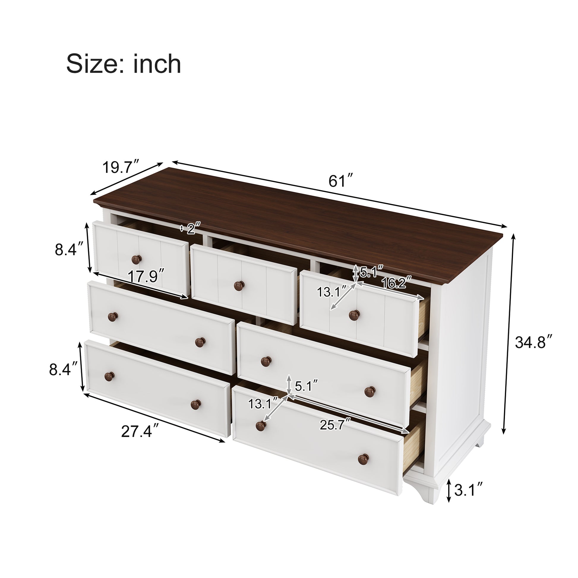 Wooden Captain Seven Drawer Dresser For Bedroom, Living Room, Kids' Room, White Walnut White Walnut Wood