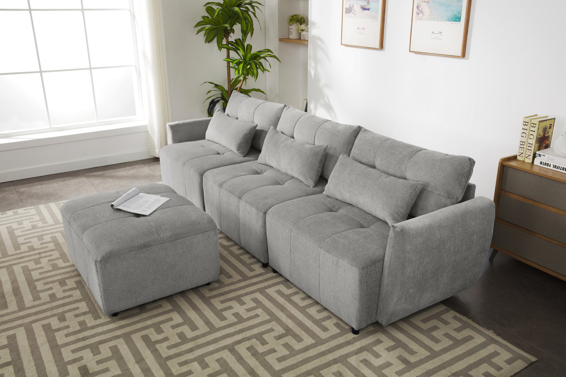 113.3" Convertible Sectional Sofa Couch 3 Seat L Shaped Sofa With Movable Ottoman And Usb For Apartment, Living Room, Bedroom, Grey Grey Chenille 3 Seat