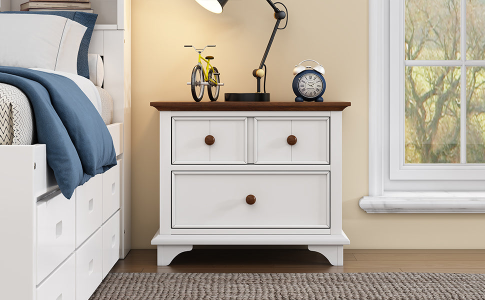2 Pieces Wooden Captain Bedroom Set Full Bed With Trundle And Nightstand,White Walnut White Walnut Wood