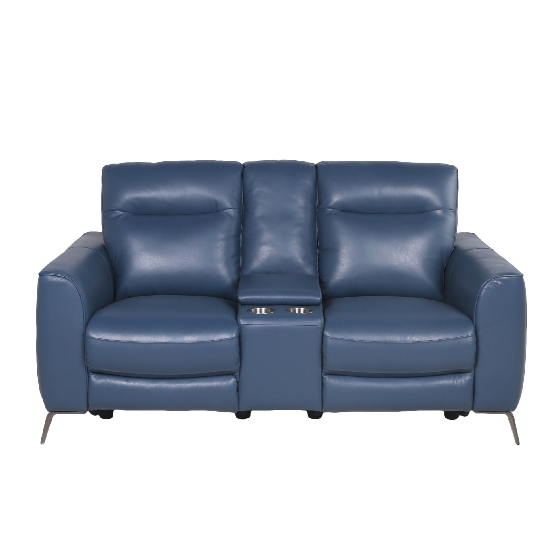 High Leg Console Loveseat Top Grain Leather, Dual Power, Ocean Blue Color Stowaway Footrest, Flaired Chrome Leg, Motion Furniture Look Dark Blue Foam Leather