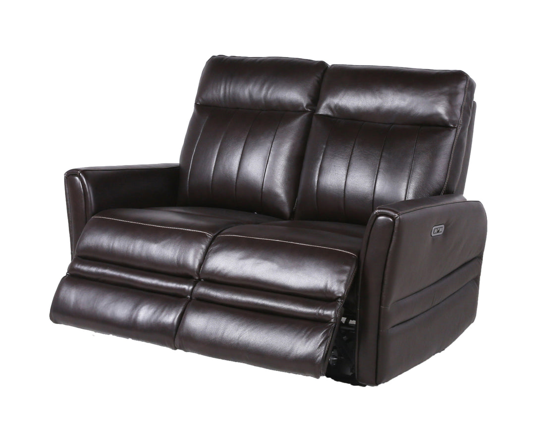 Sophisticated Motion Loveseat Top Grain Leather, Power Leg Rest, Power Articulating Headrest Vertical Channel Back, Beveled Leg Rest Brown Foam Leather