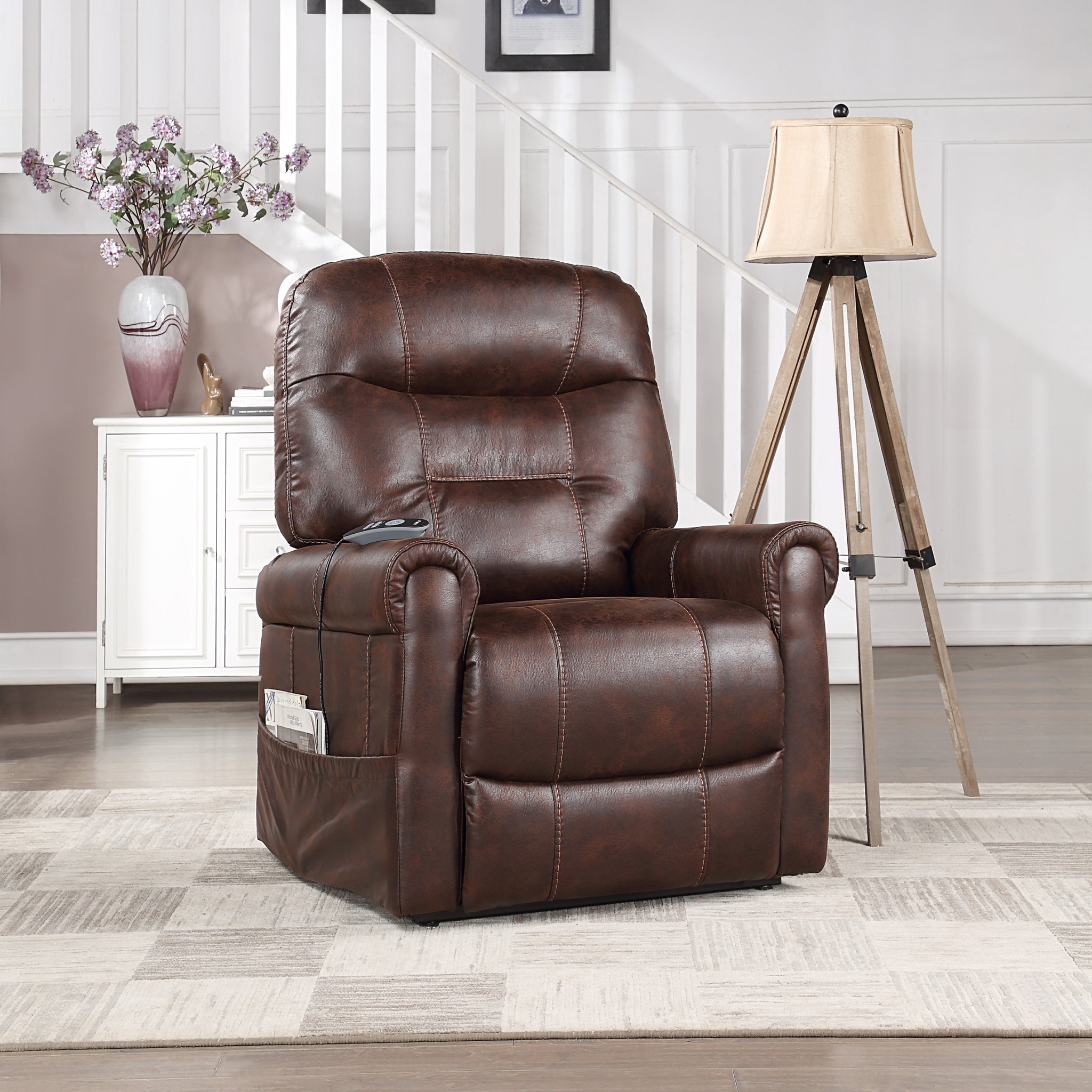 Comfortable Power Recliner Lift Chair Easy Ingress Egress, Heat, Adjustable Massage Plush Seating Experience Walnut Foam Fabric