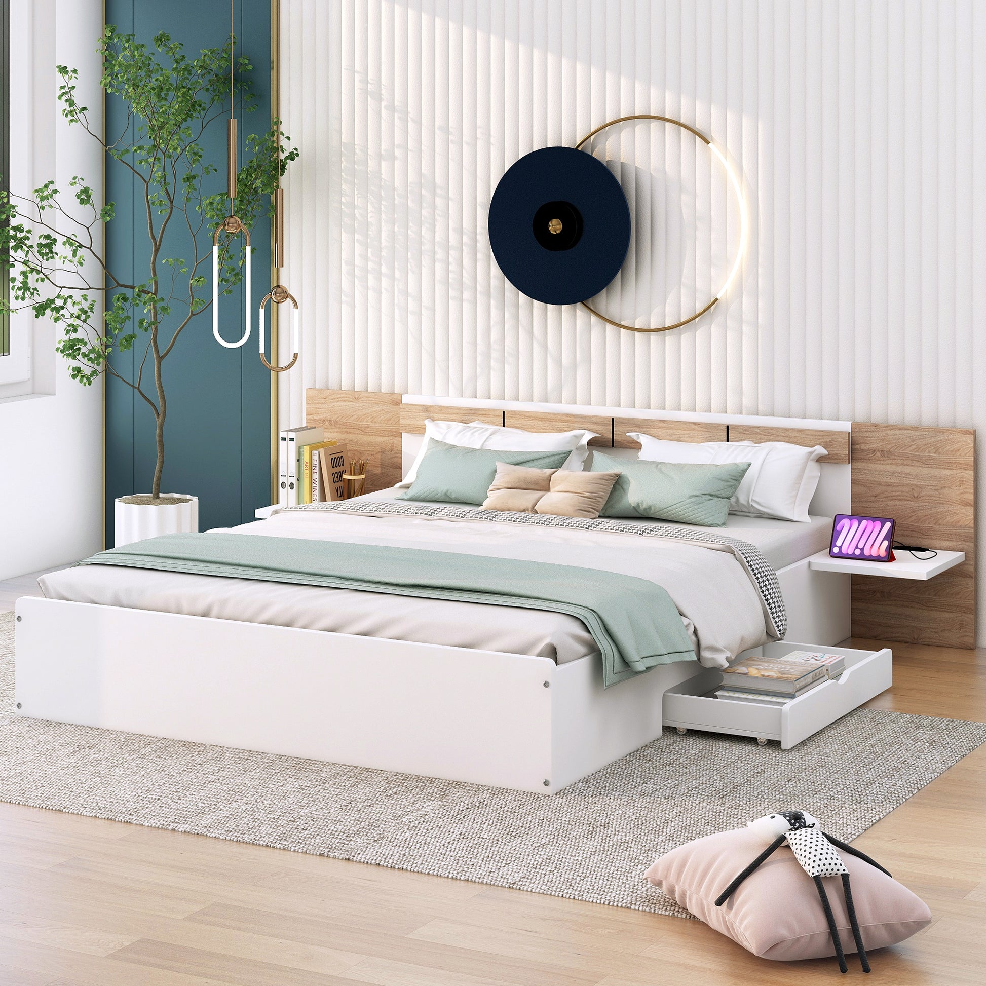 Queen Size Platform Bed With Headboard, Drawers, Shelves, Usb Ports And Sockets, White White Wood