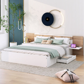 Queen Size Platform Bed With Headboard, Drawers, Shelves, Usb Ports And Sockets, White White Wood