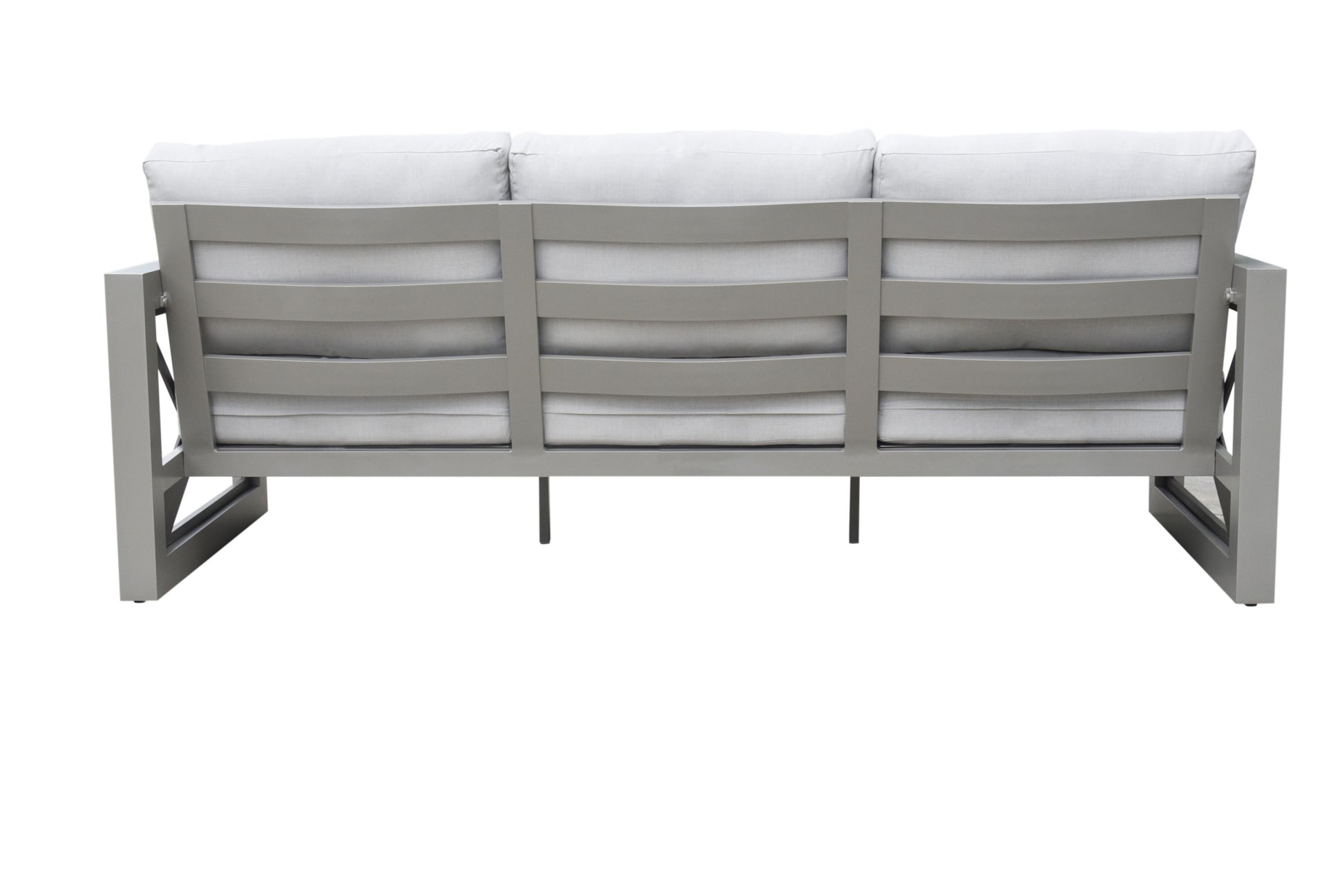 Outdoor Showcase: Contemporary Patio Sofa Beveled End Panels, Geometric Pattern Rust Resistant Aluminum Frames, Solution Dyed Acrylics Grey Aluminium