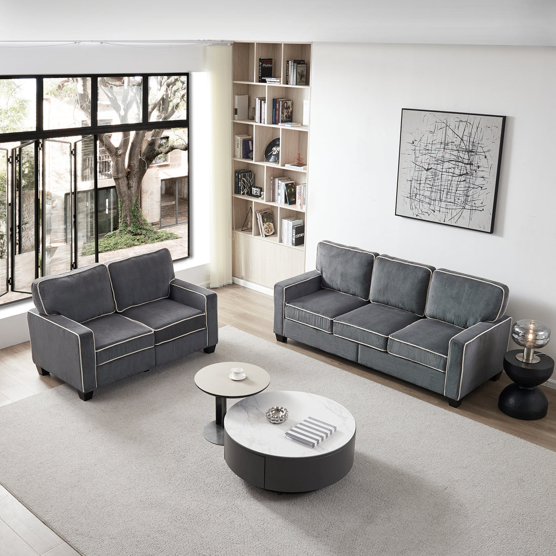 Living Room Sofa Set 2 3 Seat Dark Grey Corduroy Dark Grey Foam Corduroy