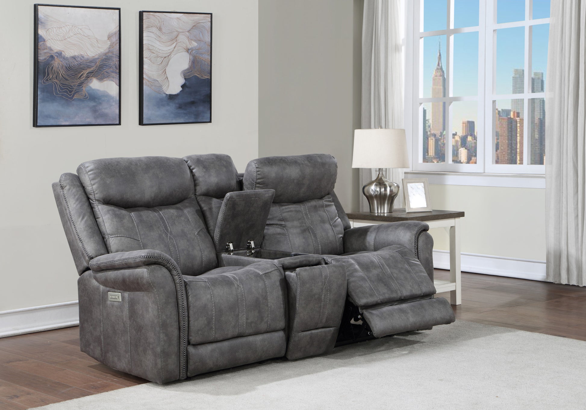 Transitional Console Loveseat Gray Faux Suede, Power Footrest, Power Headrest Concealed Cupholders, Built In Console Comfortable And Durable Design Dark Grey Fabric