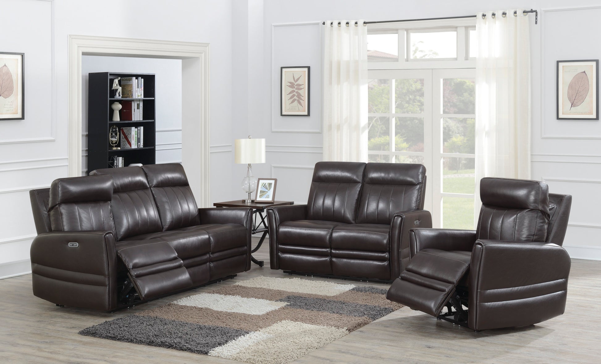 Sophisticated Motion Loveseat Top Grain Leather, Power Leg Rest, Power Articulating Headrest Vertical Channel Back, Beveled Leg Rest Brown Foam Leather