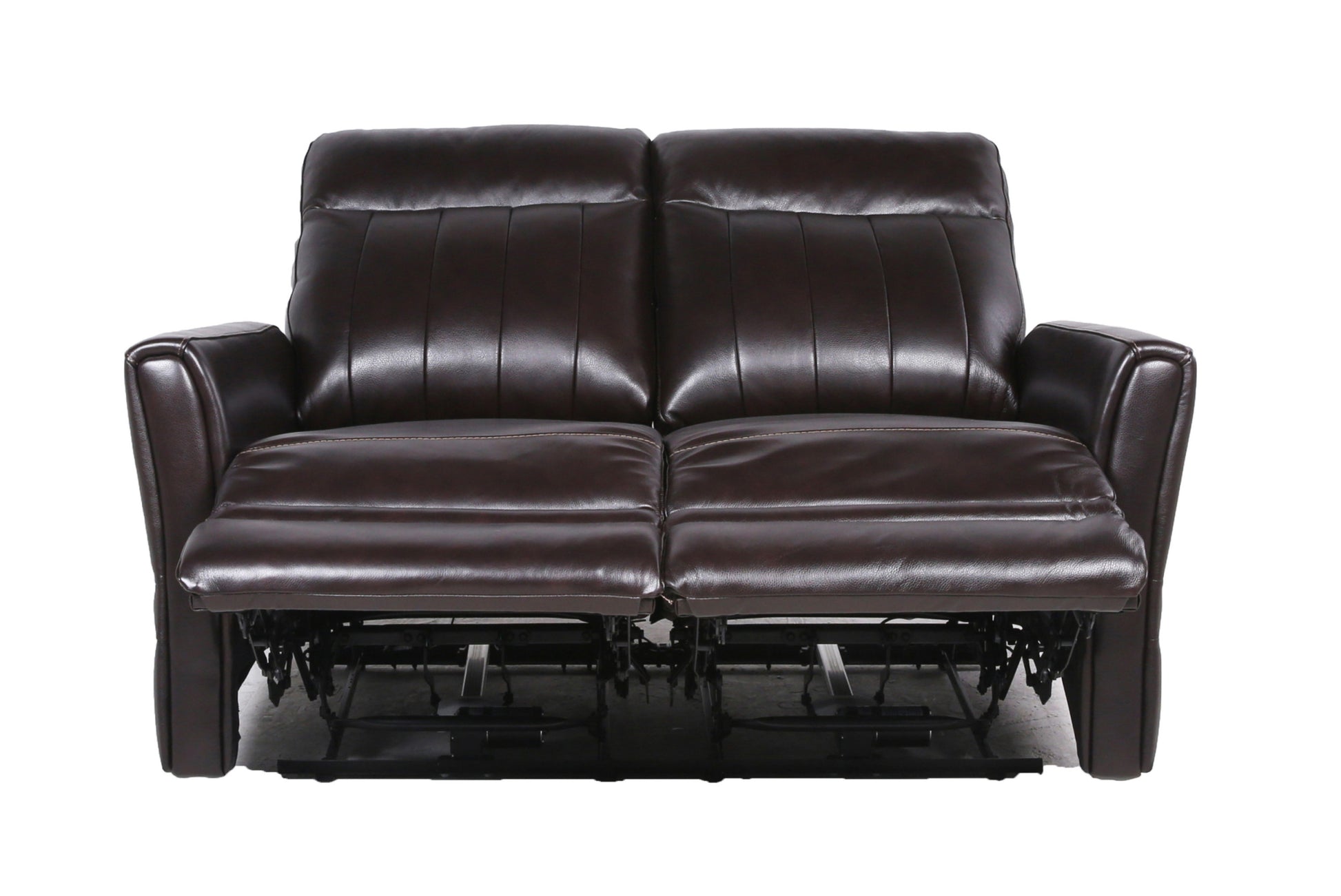 Sophisticated Motion Loveseat Top Grain Leather, Power Leg Rest, Power Articulating Headrest Vertical Channel Back, Beveled Leg Rest Brown Foam Leather