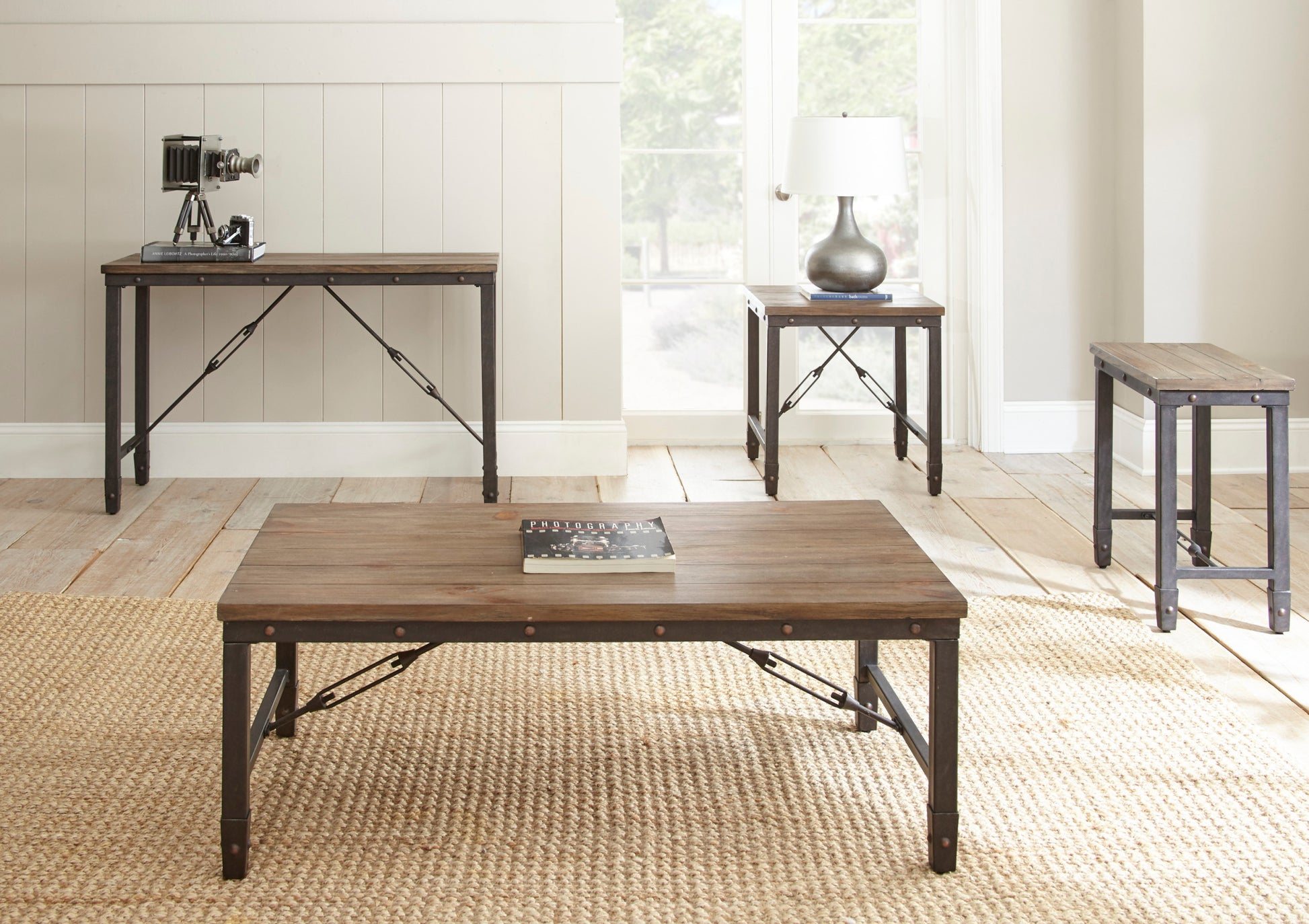 Rustic Industrial Occasional Collection Vintage Plank Effect Tops, Iron Metal Base Choose From Cocktail Or End Table, Perfect Blend Of Style And Function Oak Solid Wood Mdf