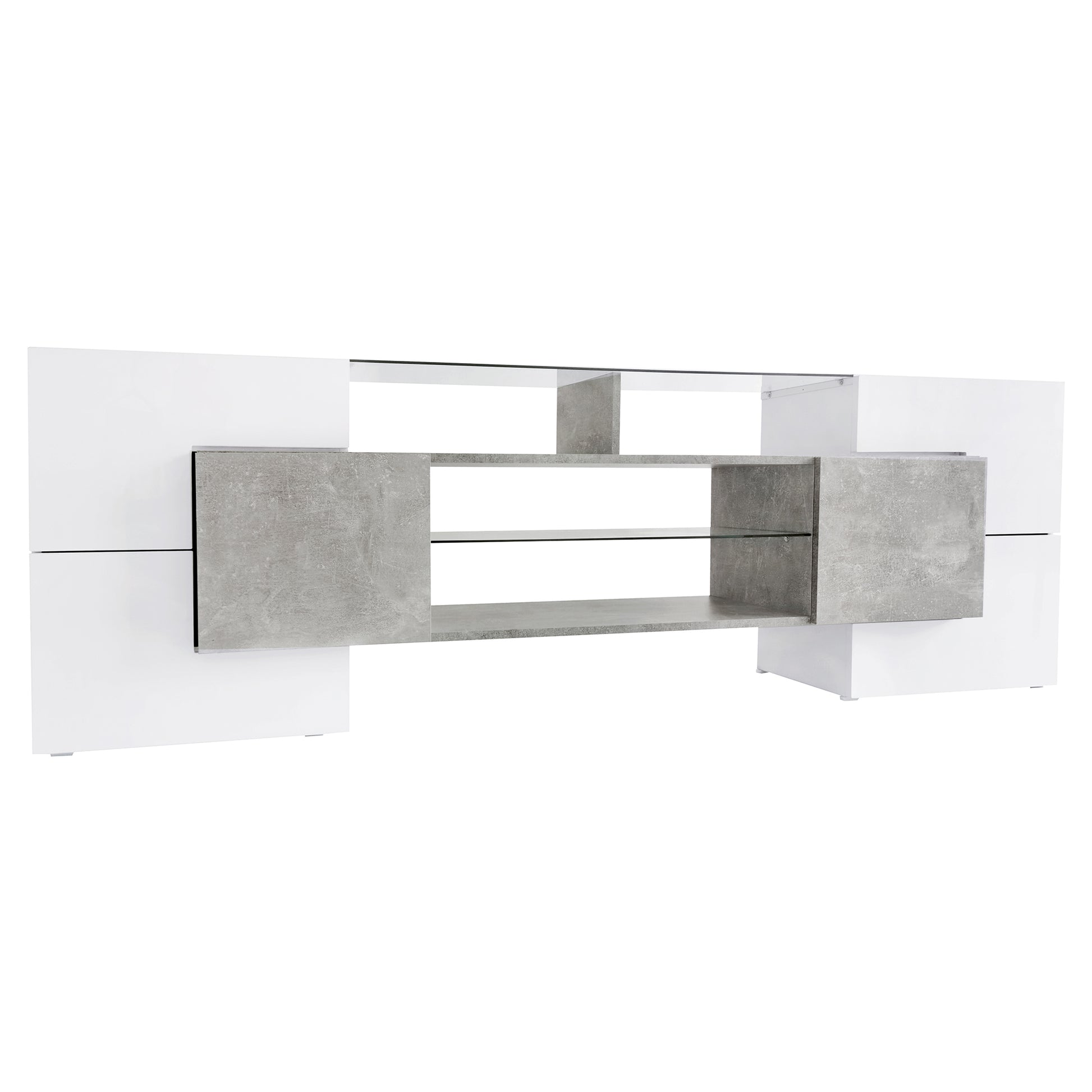 Unique Shape Tv Stand With 2 Illuminated Glass Shelves, High Gloss Entertainment Center For Tvs Up To 88", Versatile Tv Cabinet With Led Color Changing Lights For Living Room, Grey Grey Particle Board