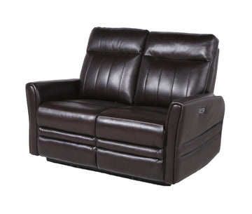 Sophisticated Motion Loveseat Top Grain Leather, Power Leg Rest, Power Articulating Headrest Vertical Channel Back, Beveled Leg Rest Brown Foam Leather