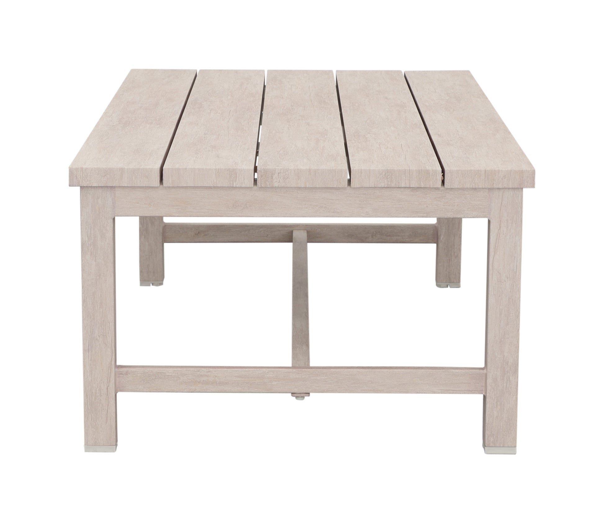 Durable Aluminum Coffee Table Solid Construction, Weather Resistant Surface Whitewashed Birch Look, Dual Stretchers Light Gray Aluminium