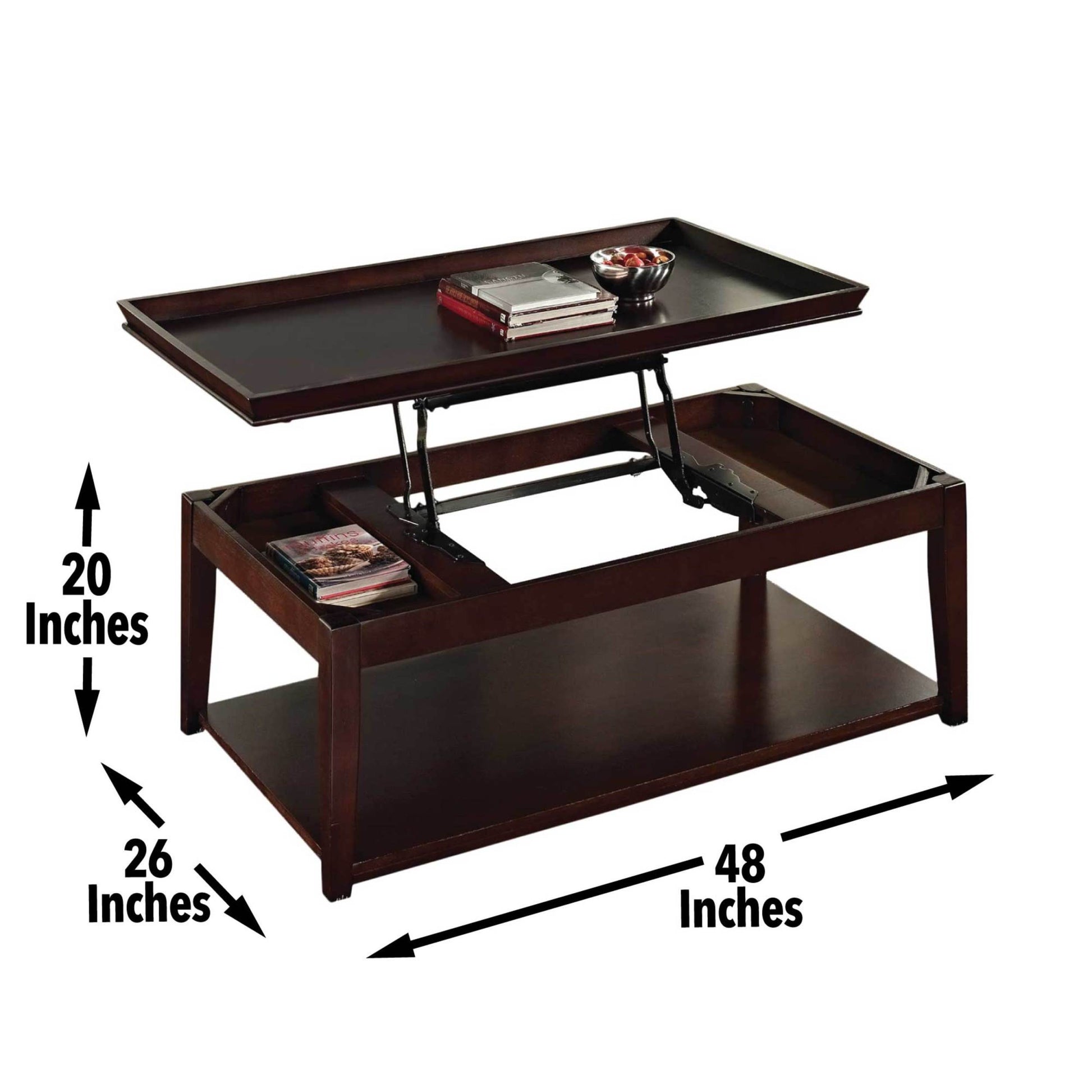 Versatile Lift Top Cocktail Table Hardwood Solids, Birch Veneer, Merlot Cherry Finish Hidden Storage, Mobility Casters, Bottom Shelf Brown Solid Wood Mdf