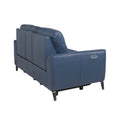 High Leg Console Loveseat Top Grain Leather, Dual Power, Ocean Blue Color Stowaway Footrest, Flaired Chrome Leg, Motion Furniture Look Dark Blue Foam Leather