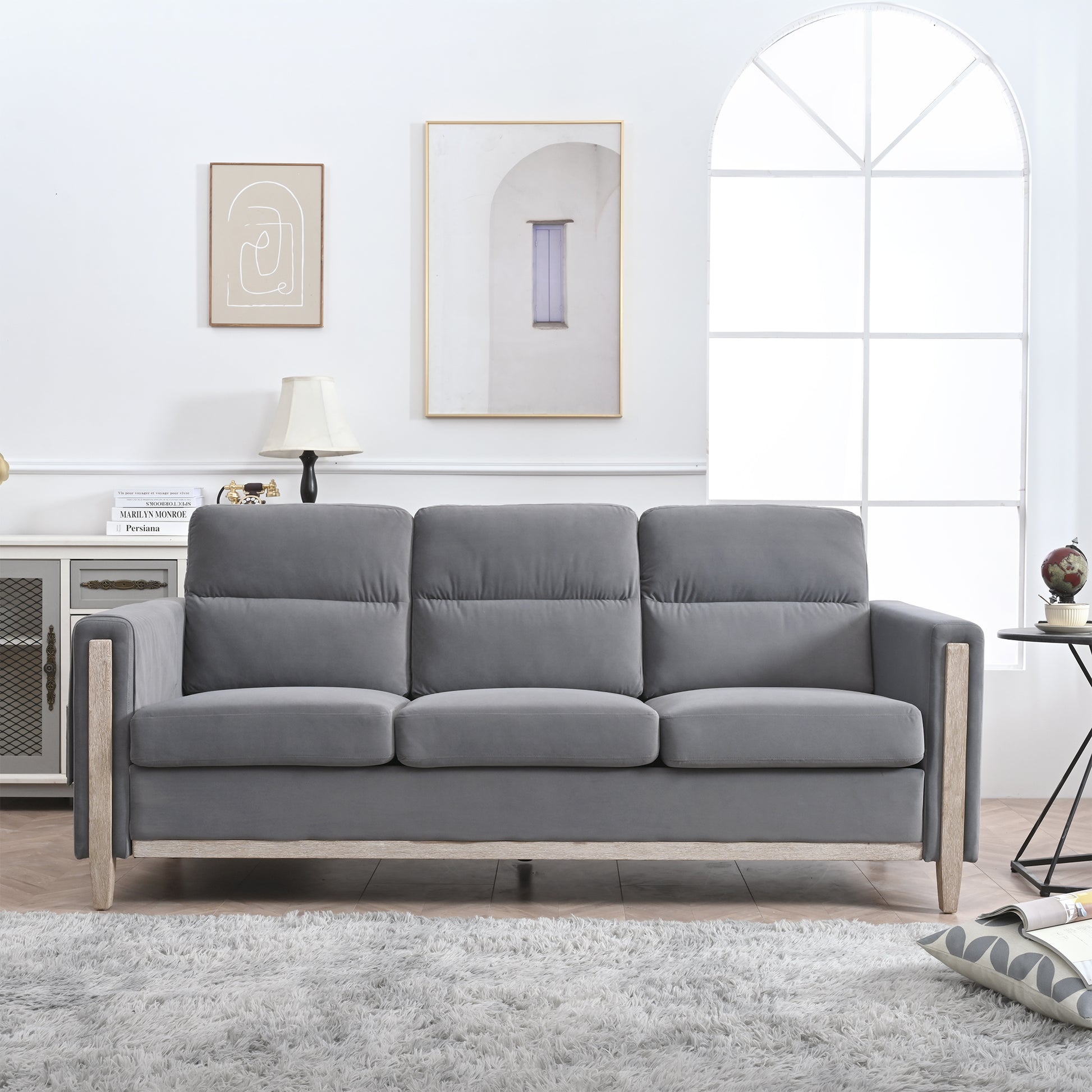Comfortable Solid Wood Three Seater Sofa Soft Cushions, Durable And Long Lasting,79.5" Sofa Couch For Living Room Gray Fabric Fabric