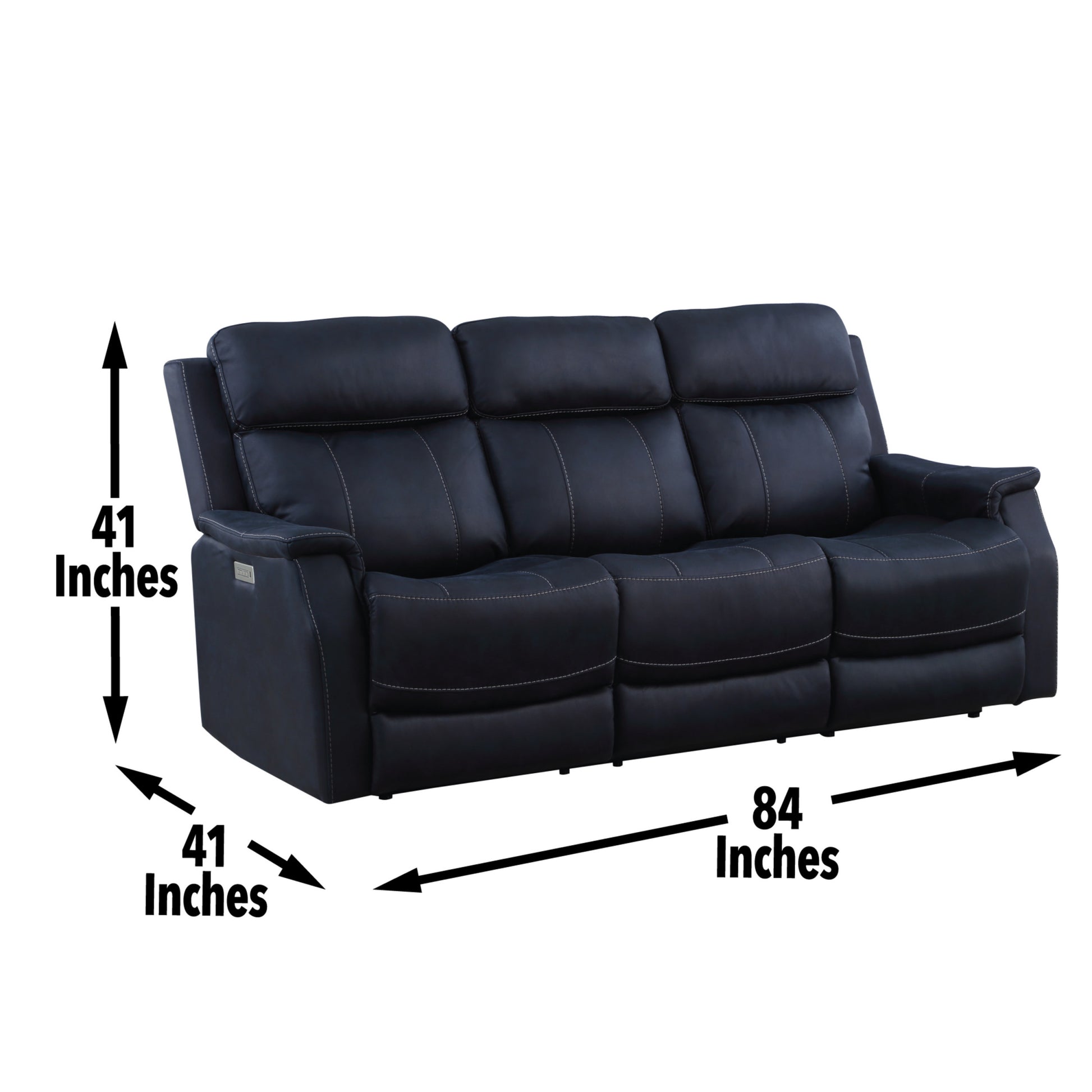 Tailored Dual Power Reclining Sofa Nubuck Leather Like Cover, Power Headrest, Power Footrest Contemporary Design, Hand Stitching Details Dark Blue Foam Fabric 3 Seat