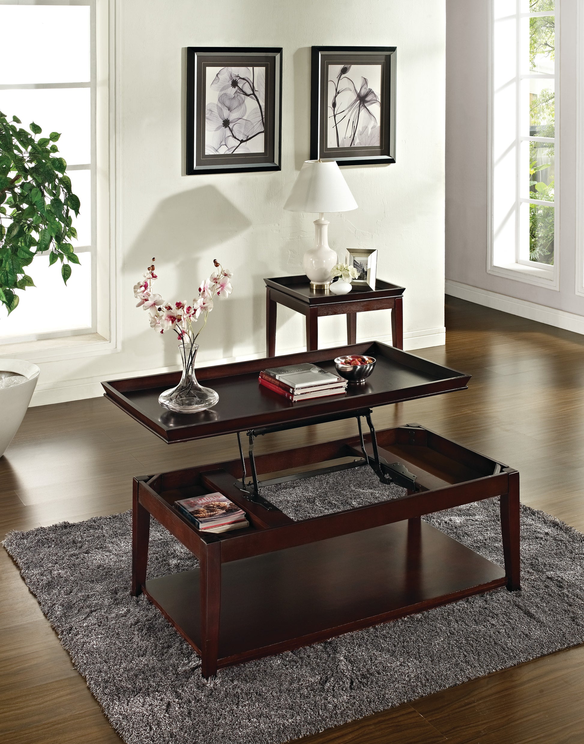 Versatile Lift Top Cocktail Table Hardwood Solids, Birch Veneer, Merlot Cherry Finish Hidden Storage, Mobility Casters, Bottom Shelf Brown Solid Wood Mdf