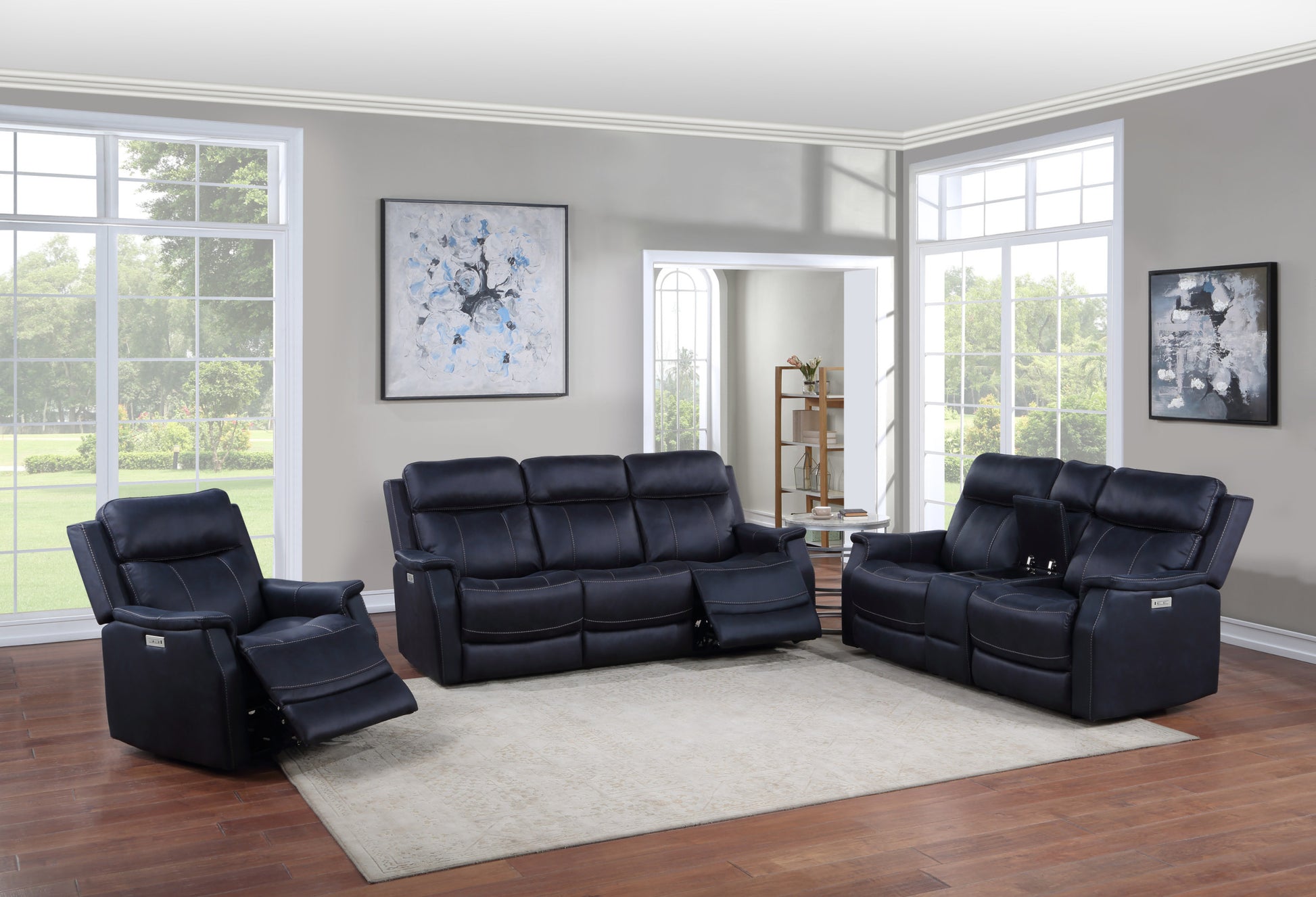 Clean Contemporary Dual Power Recliner Ocean Bluepower Footrest, Power Headrest Easy Care And Convenience Dark Blue Foam Fabric