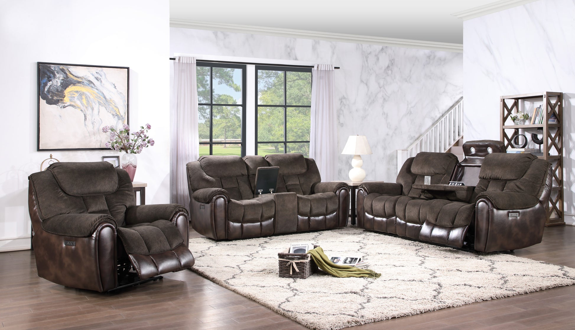 Transitional Dual Power Leather Loveseat Reclining Seats, Top Grain Leather, High Leg Design Compact And Comfortable Espresso Foam Polyester